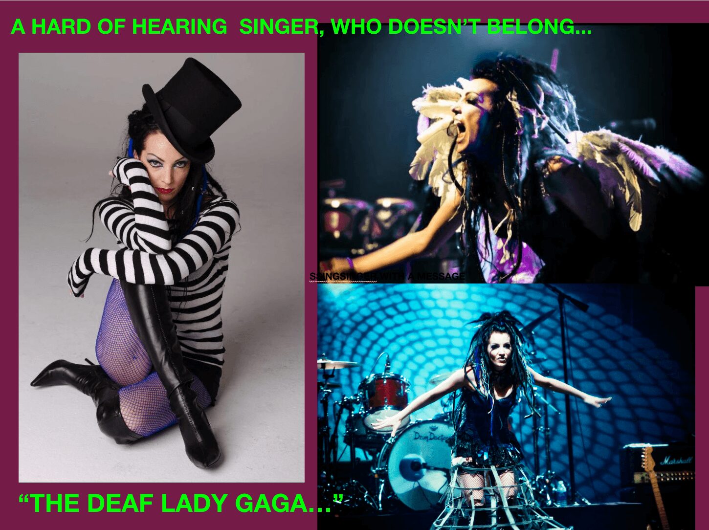 Three images of Lady Gaga performing and posing, with colorful backgrounds and stage settings.