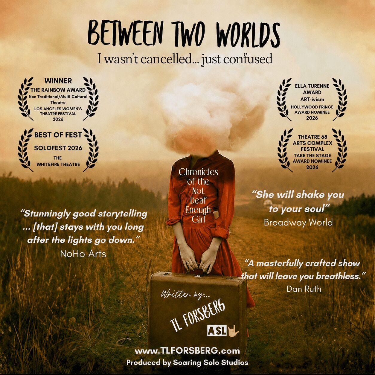 Person with a suitcase standing in a field, sunset sky, text about a story called 'Between Two Worlds'.