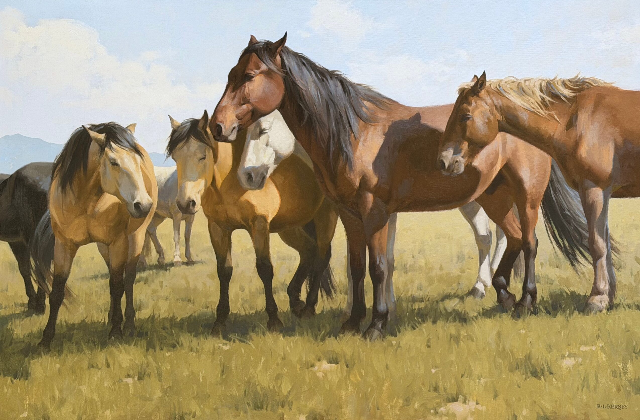 Group of horses standing in a grassy field under a partly cloudy sky.