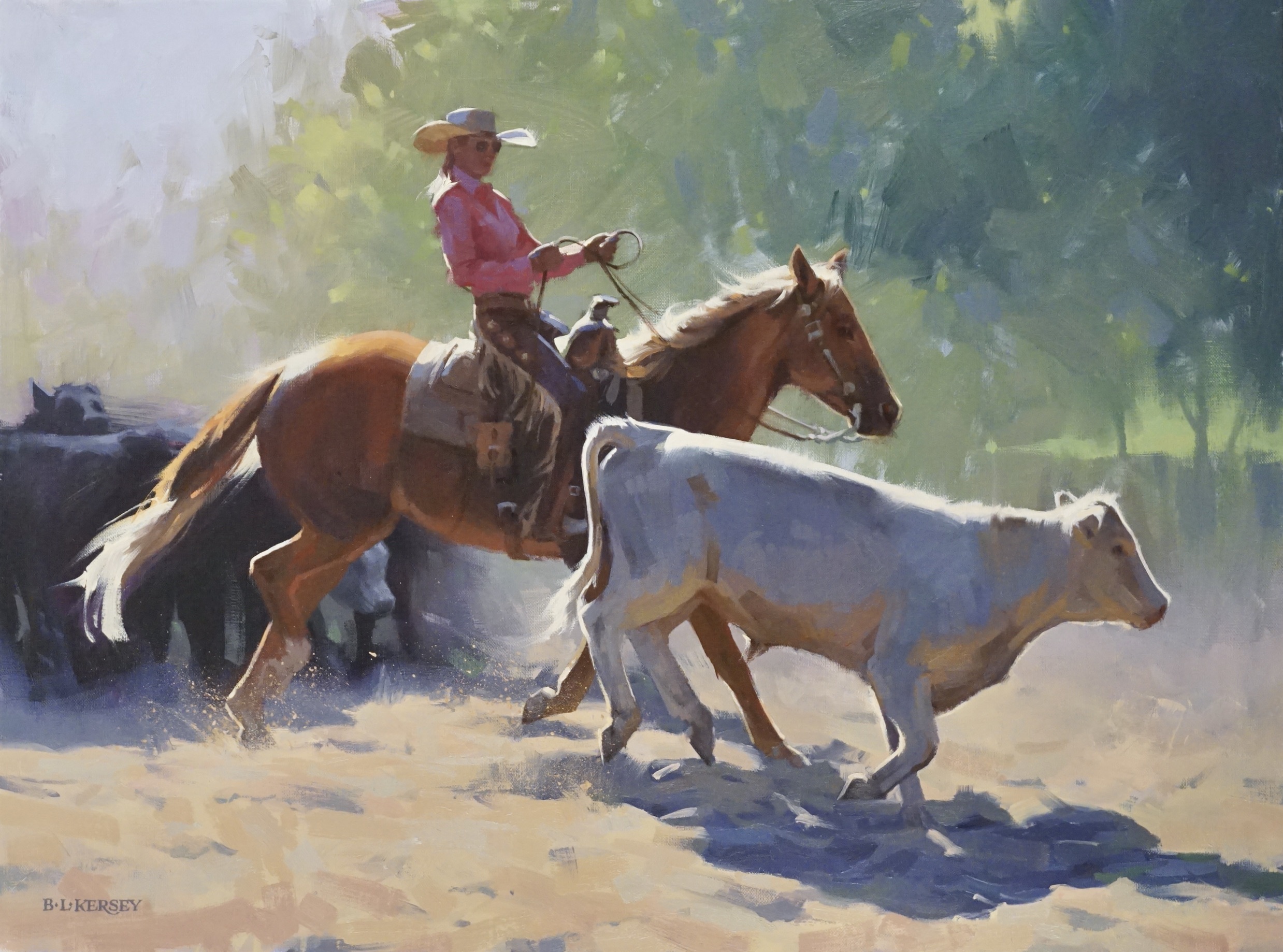 Person riding a horse herding cattle in a rural setting with trees in the background.