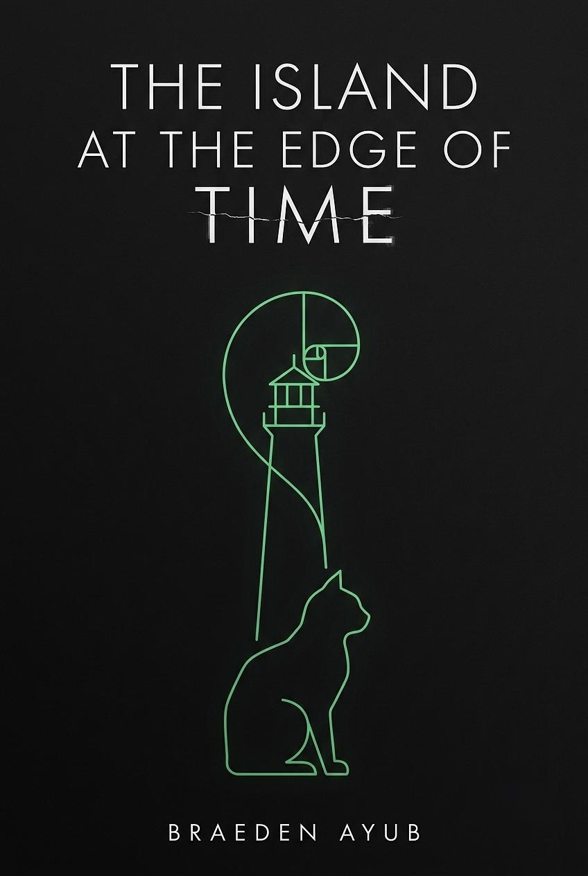 Book cover with title and author's name, featuring a green outline of a lighthouse and a sitting dog on a black background.