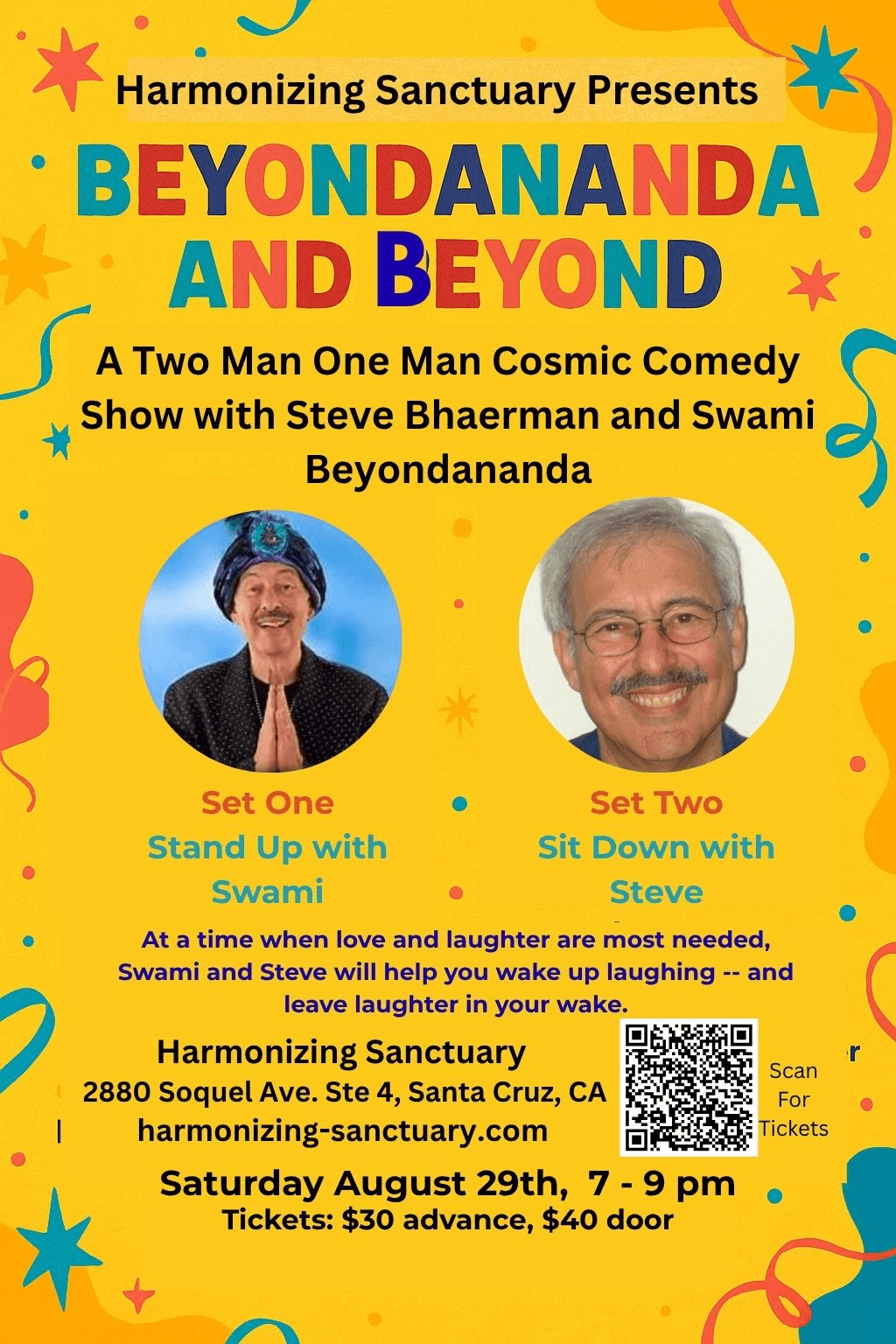Event poster for Beyondananda and Beyond comedy show with two performers' photos, date, time, and ticket info.