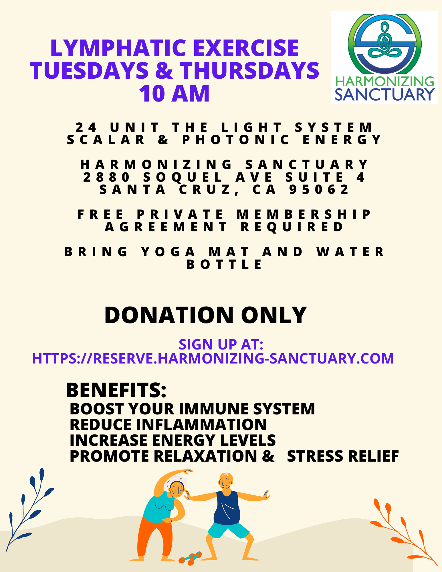 Flyer for lymphatic exercise class on Thursdays at 10 AM, with details on location, benefits, and donation info.
