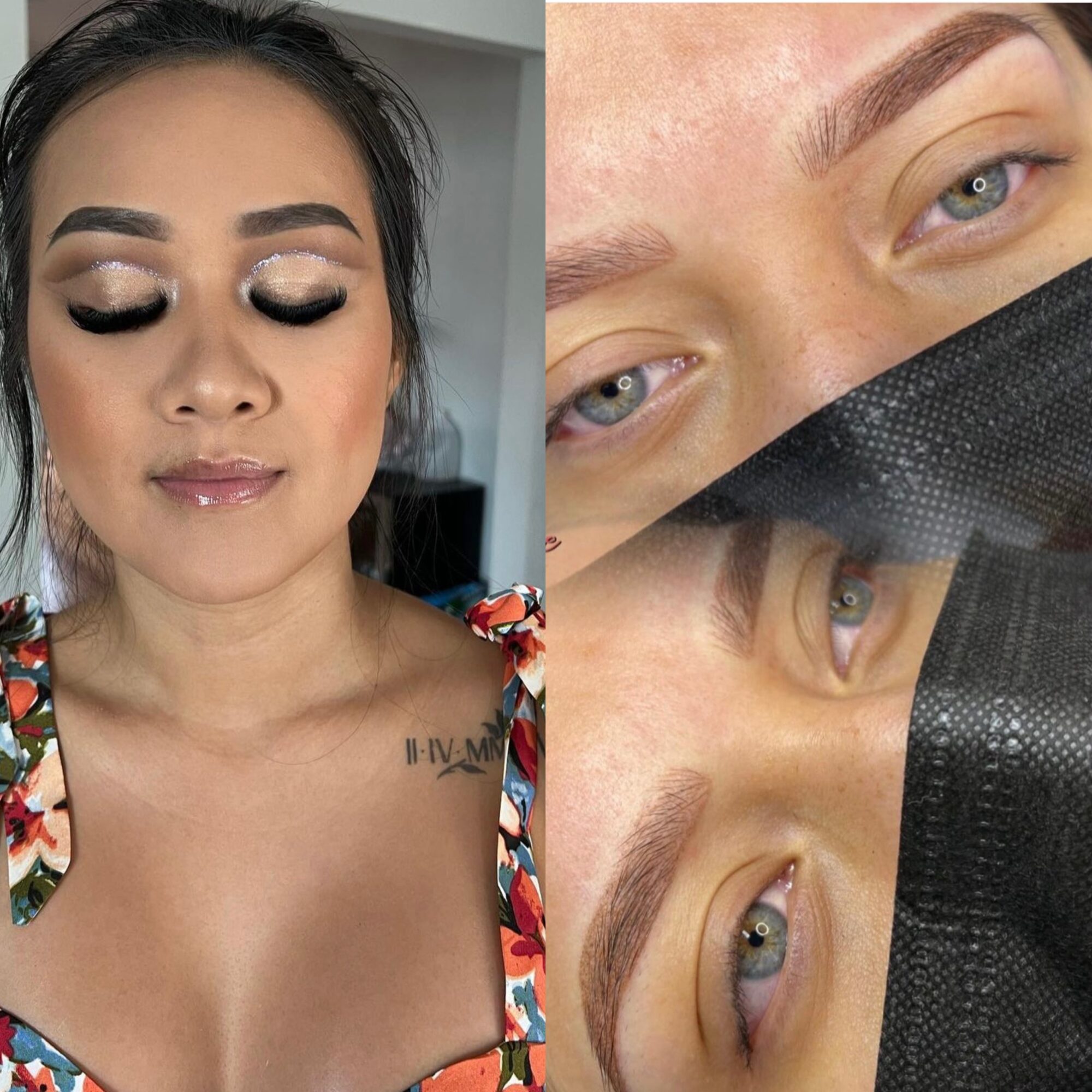 Side-by-side images of a woman with makeup and close-up of her eyebrows and eyes, showing before and after eyebrow enhancement.