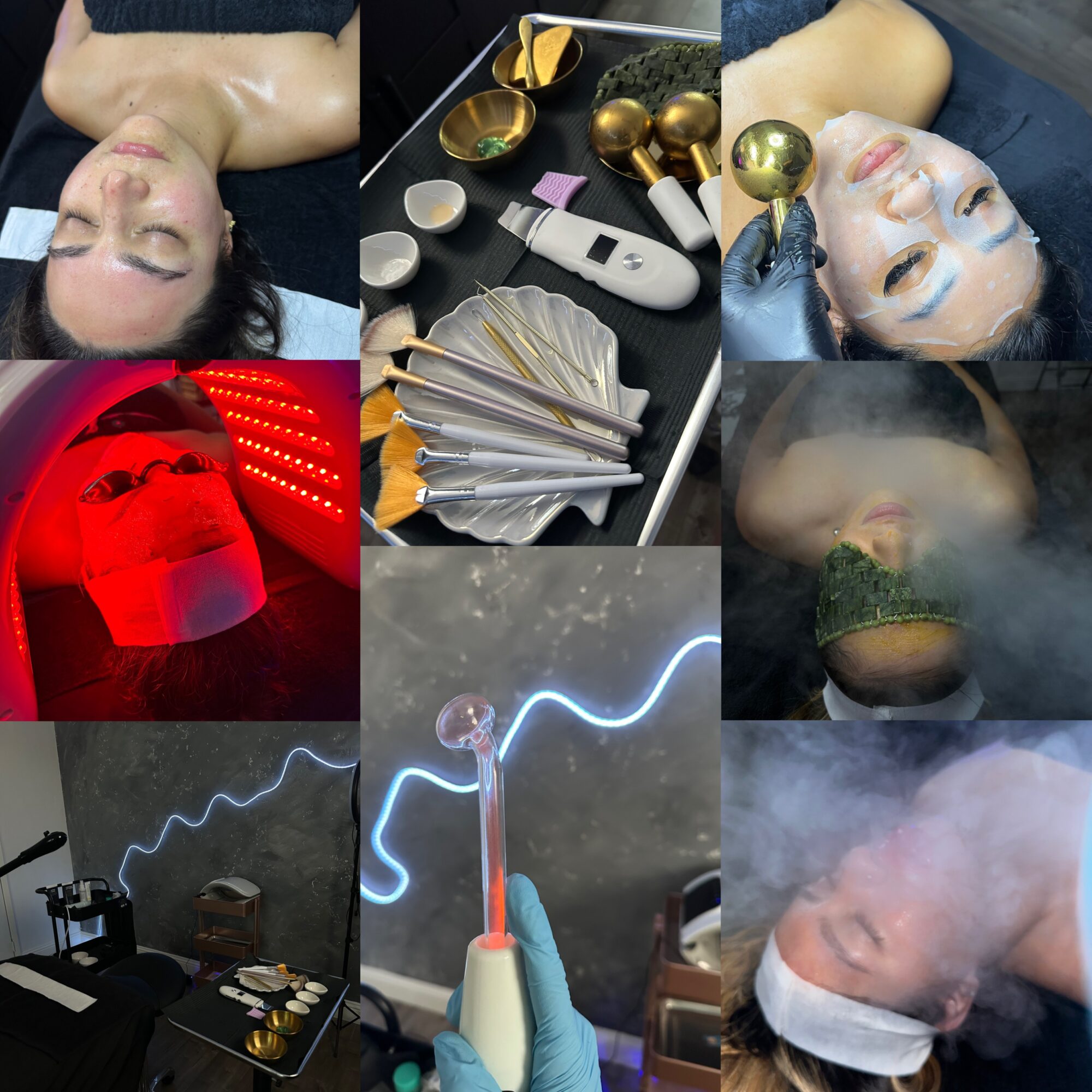 Collection of images showing spa treatments, skincare, and wellness activities, including facial, massage, and relaxation scenes.