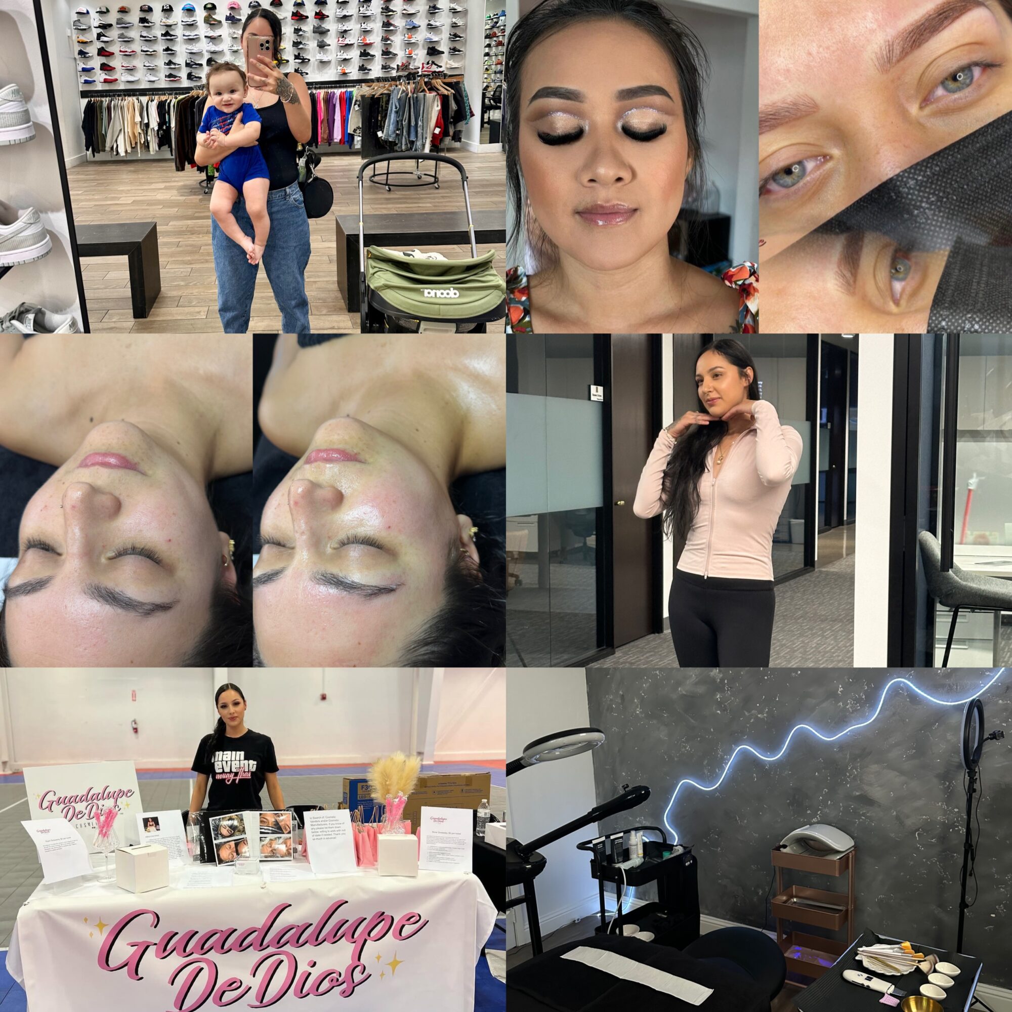 Collage of eight images: people shopping, a woman with makeup, close-up of eyes, two women lying down, a woman in a pink jacket, a table with gifts, and a lightning decoration.