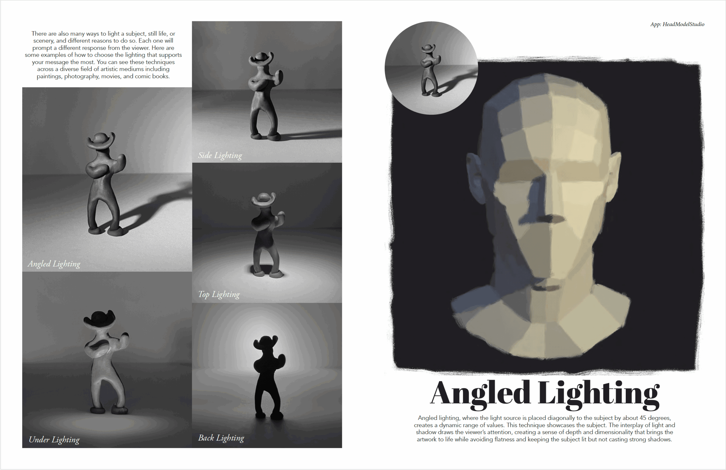 Page with grayscale images of a 3D character in various poses and a 3D head model with lighting effects, titled 'Angled Lighting'.