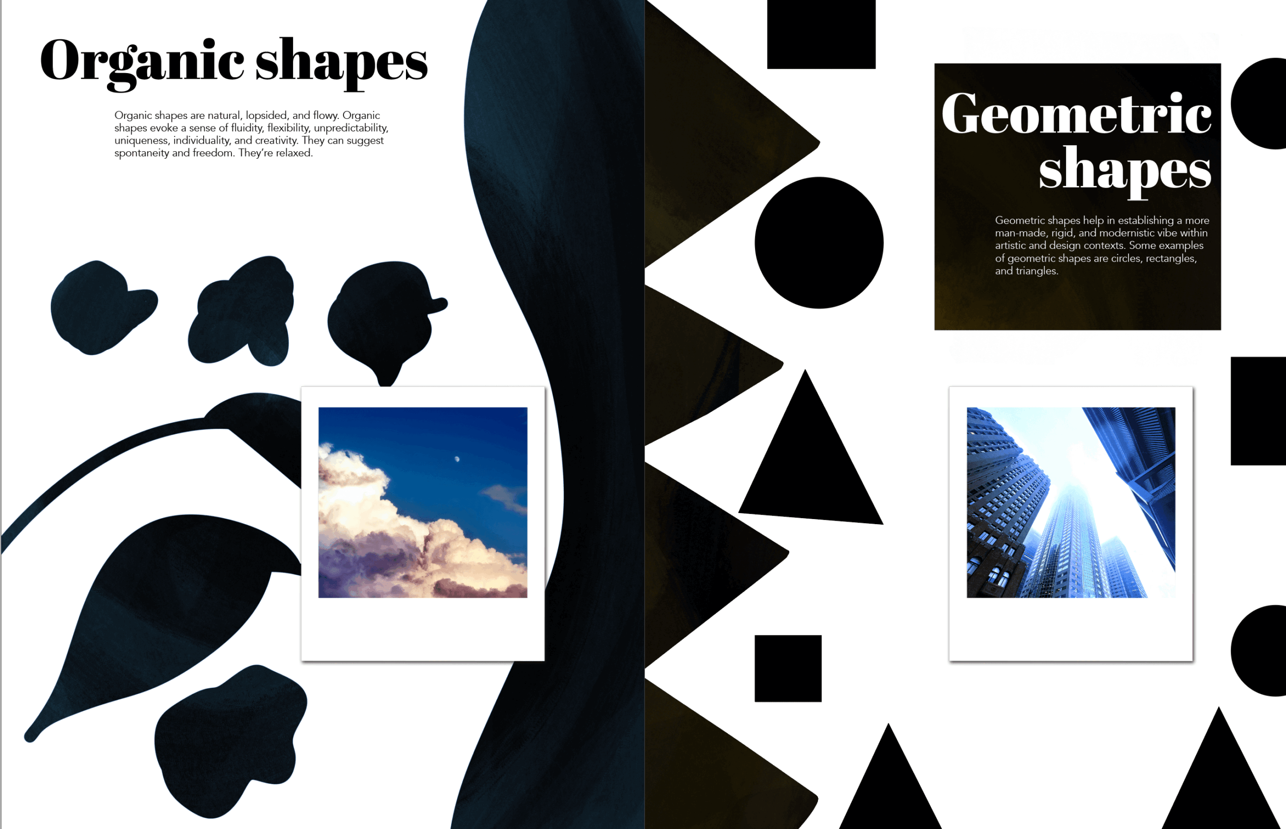 Collage of organic and geometric shapes with images of clouds and buildings, and text labels for shape types.