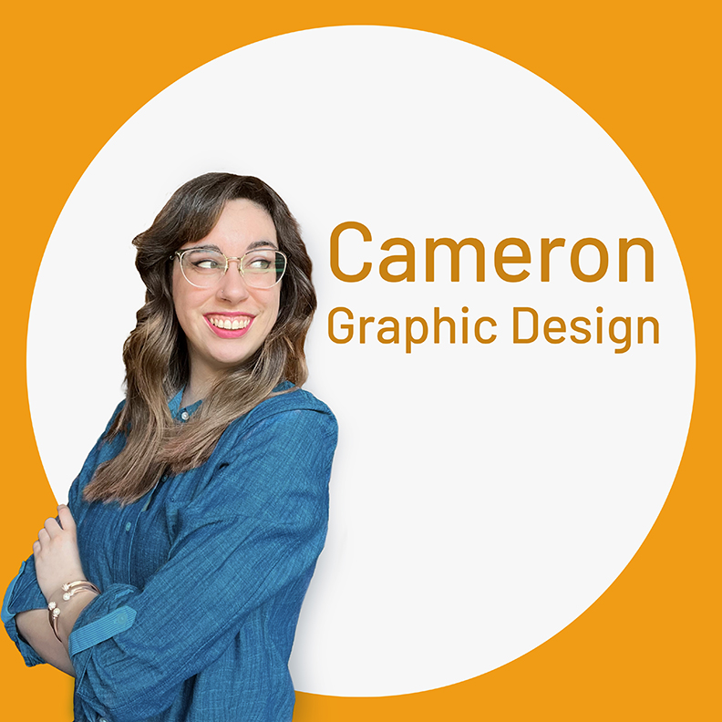 Young woman with glasses smiling, wearing a blue shirt, with text 'Cameron Graphic Design' on a white circle background.