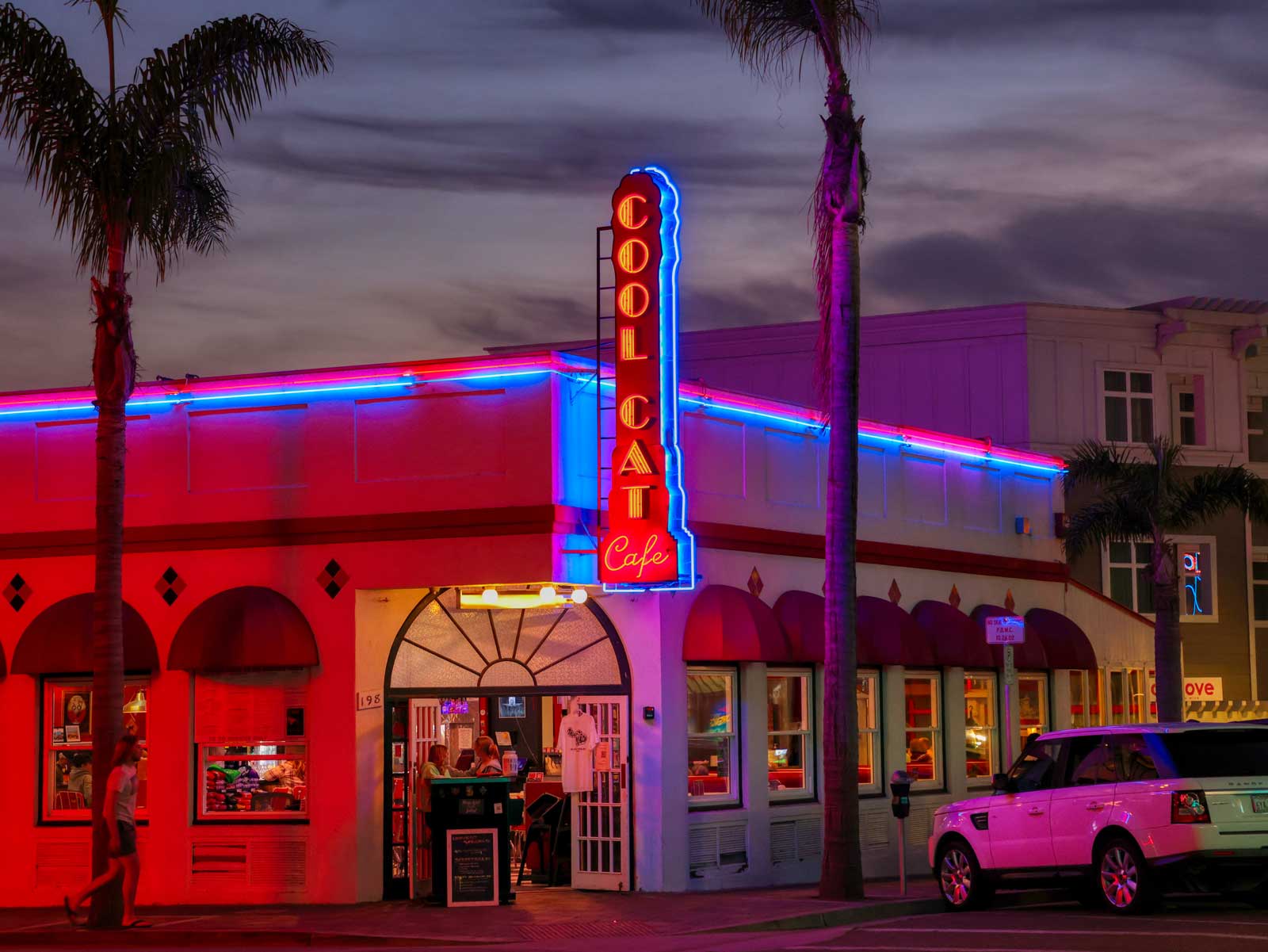 Neon-lit building with palm trees, pink car parked outside, and a vertical sign reading 'COOL CAT Cafe' at dusk.