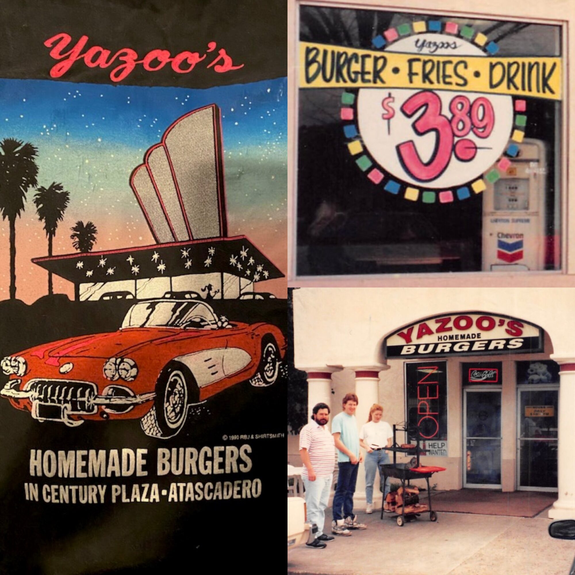 Yazoo's burger restaurant with a vintage car illustration, a sign advertising $3.80 burgers, and people standing outside. Word count: 20.