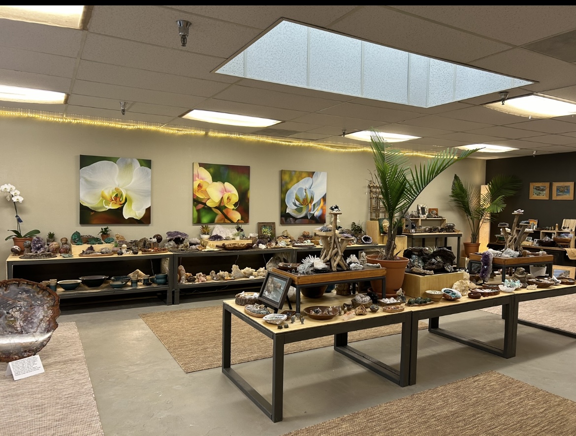 Interior of a store with tables displaying various rocks and minerals, decorated with orchid pictures and potted plants.