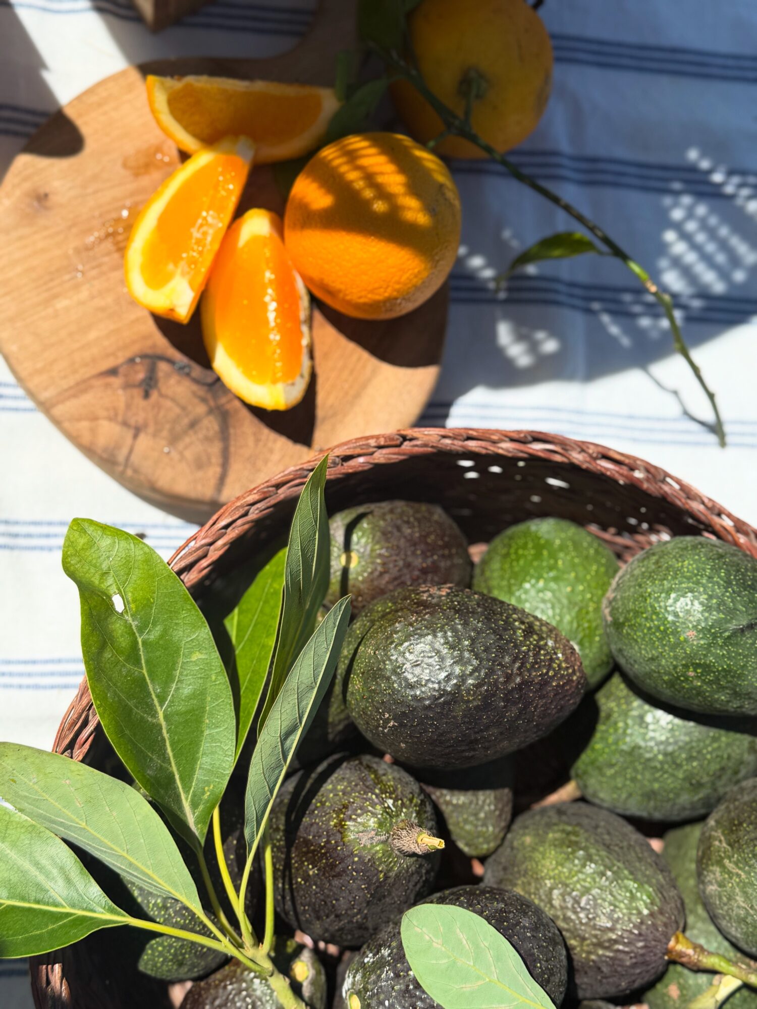 Limes in a basket, orange slices on a wooden board, sunlight casting shadows, and a blue striped cloth background.