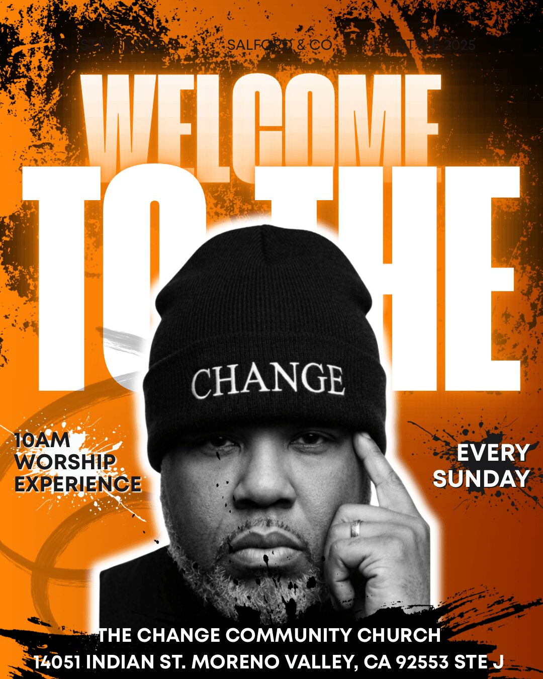 Black and white photo of a man wearing a beanie with the word 'CHANGE' on it, in front of an orange background with text.