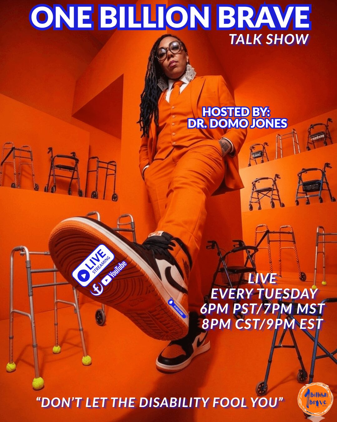 Woman in orange suit standing in room with chairs, promoting a talk show, with text about schedule and host.