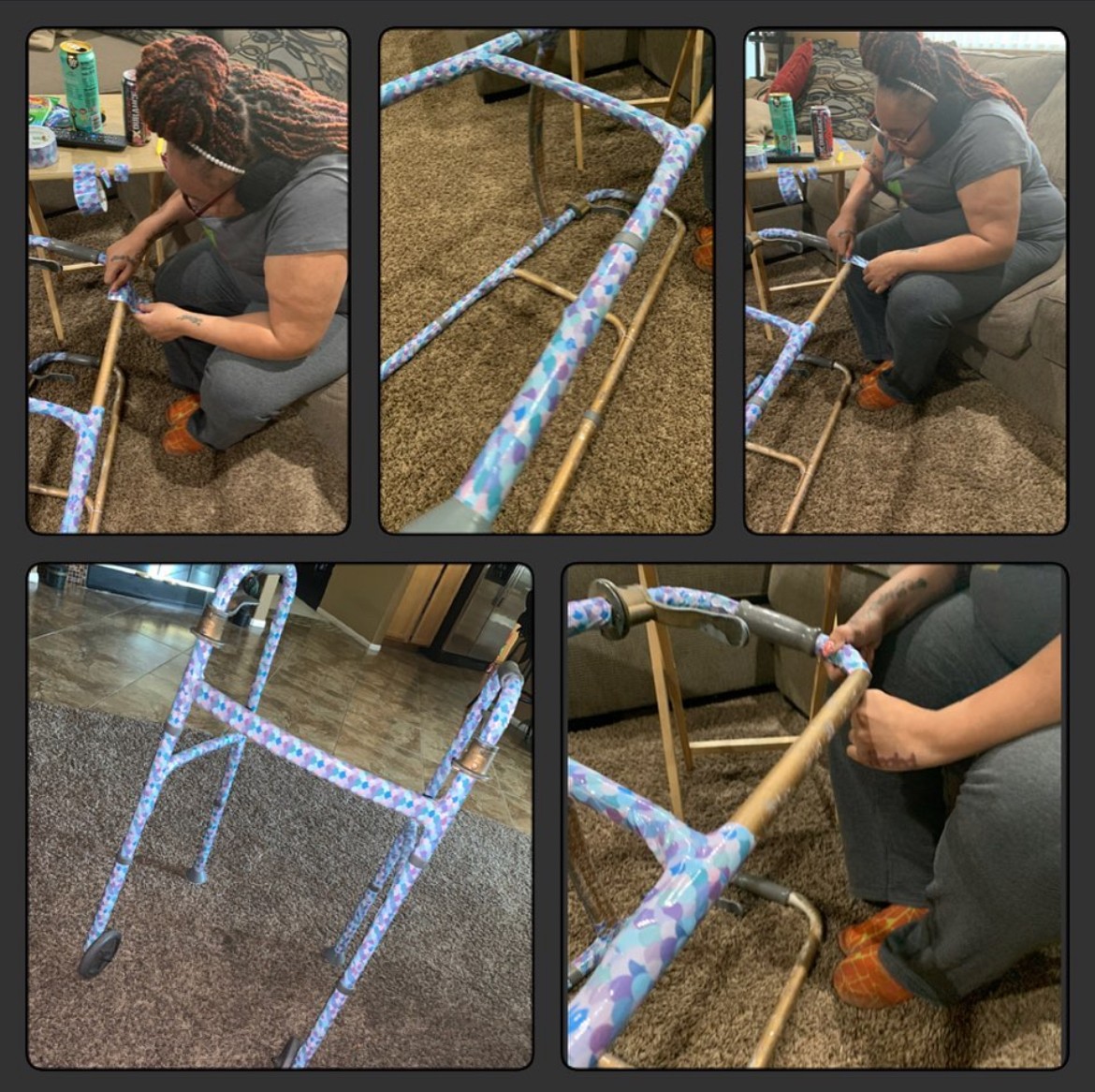 Person working on a chair frame wrapped in blue patterned tape, sitting on a carpeted floor, with tools nearby.