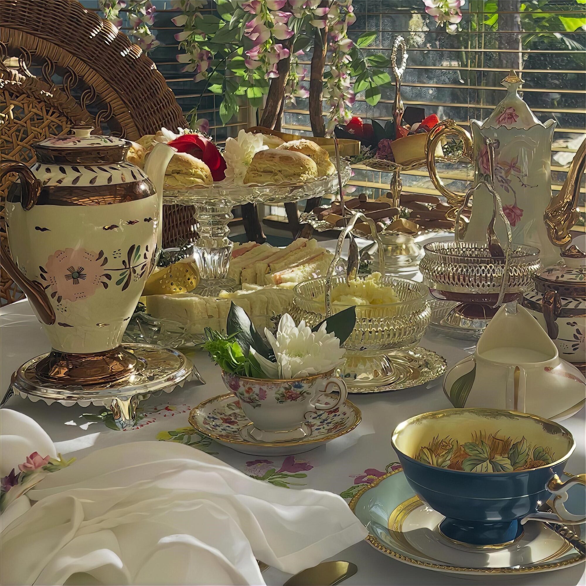 Table set with teapots, cups, plates, and desserts, with flowers and sunlight in the background.
