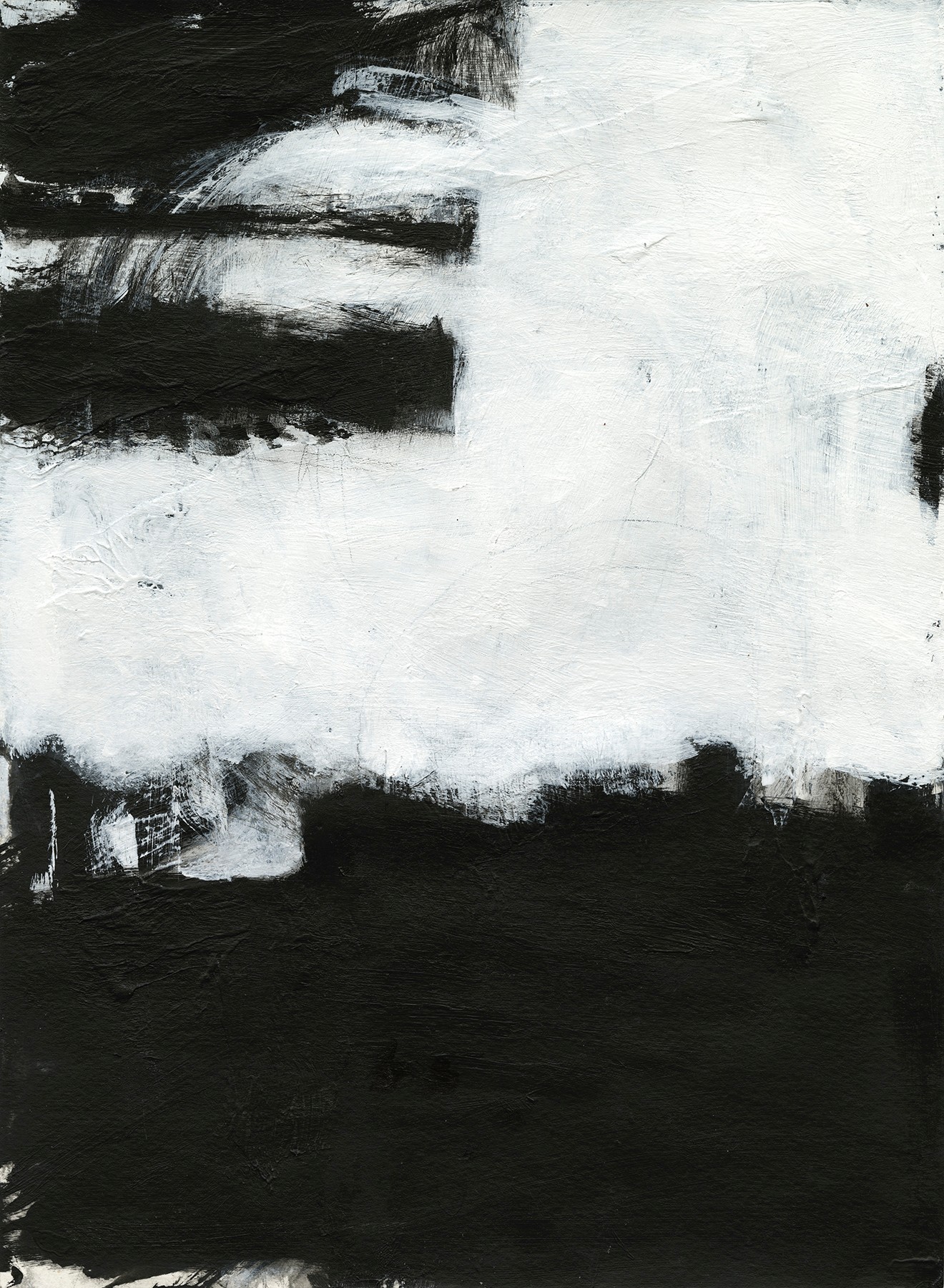 Abstract black and white painting with bold horizontal and vertical brushstrokes, textured surface, and contrasting areas of light and dark.