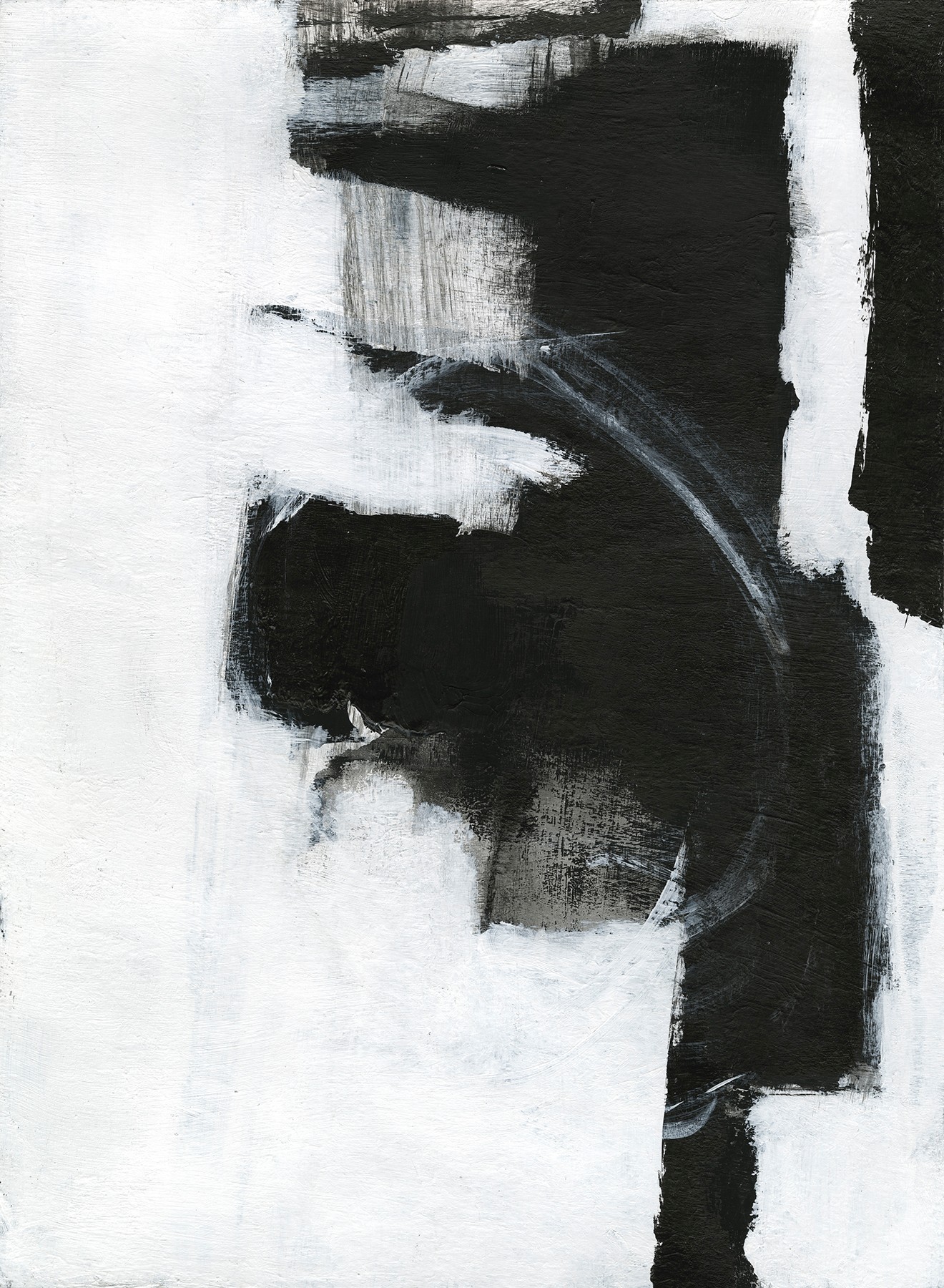 Abstract black and white painting with bold brushstrokes and contrasting areas of light and dark.
