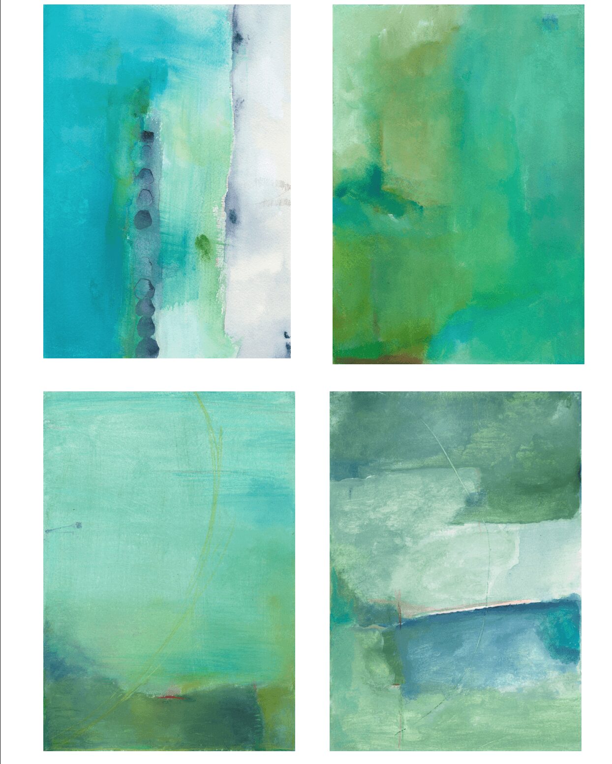 Four abstract watercolor paintings in shades of green and blue, arranged in a 2x2 grid, with varied textures and patterns.