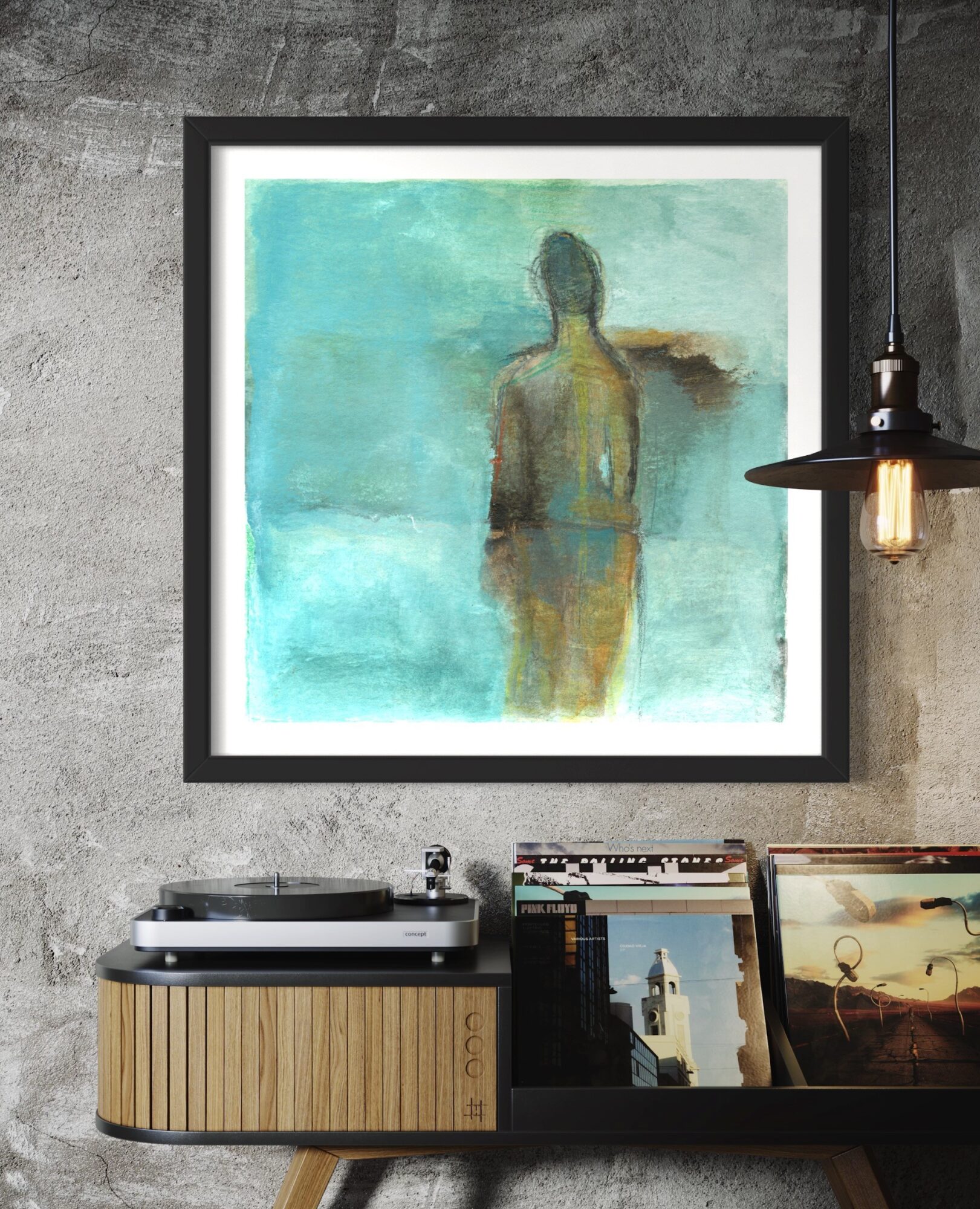 Framed abstract painting of a person standing in water, with a textured background, on a wall above a record player and vinyls.