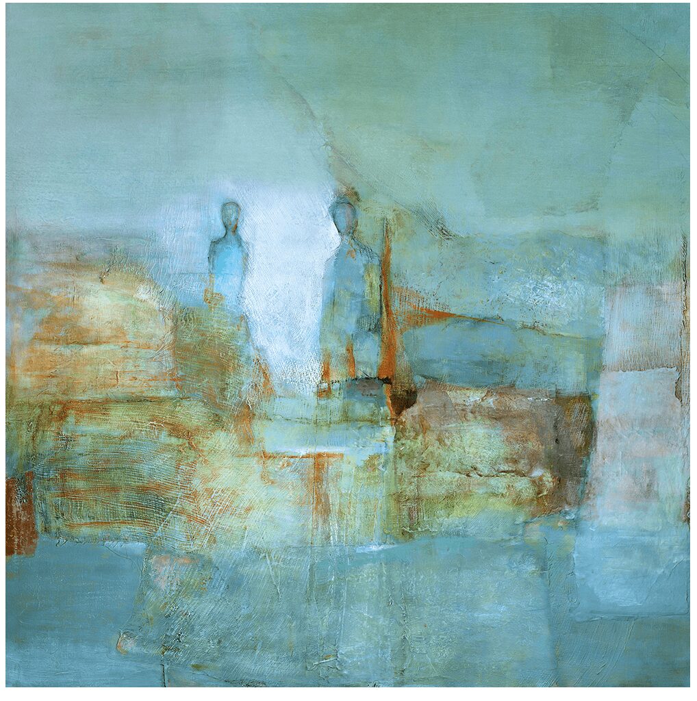 Abstract painting with two blurred figures standing, in blue, green, and earthy tones.