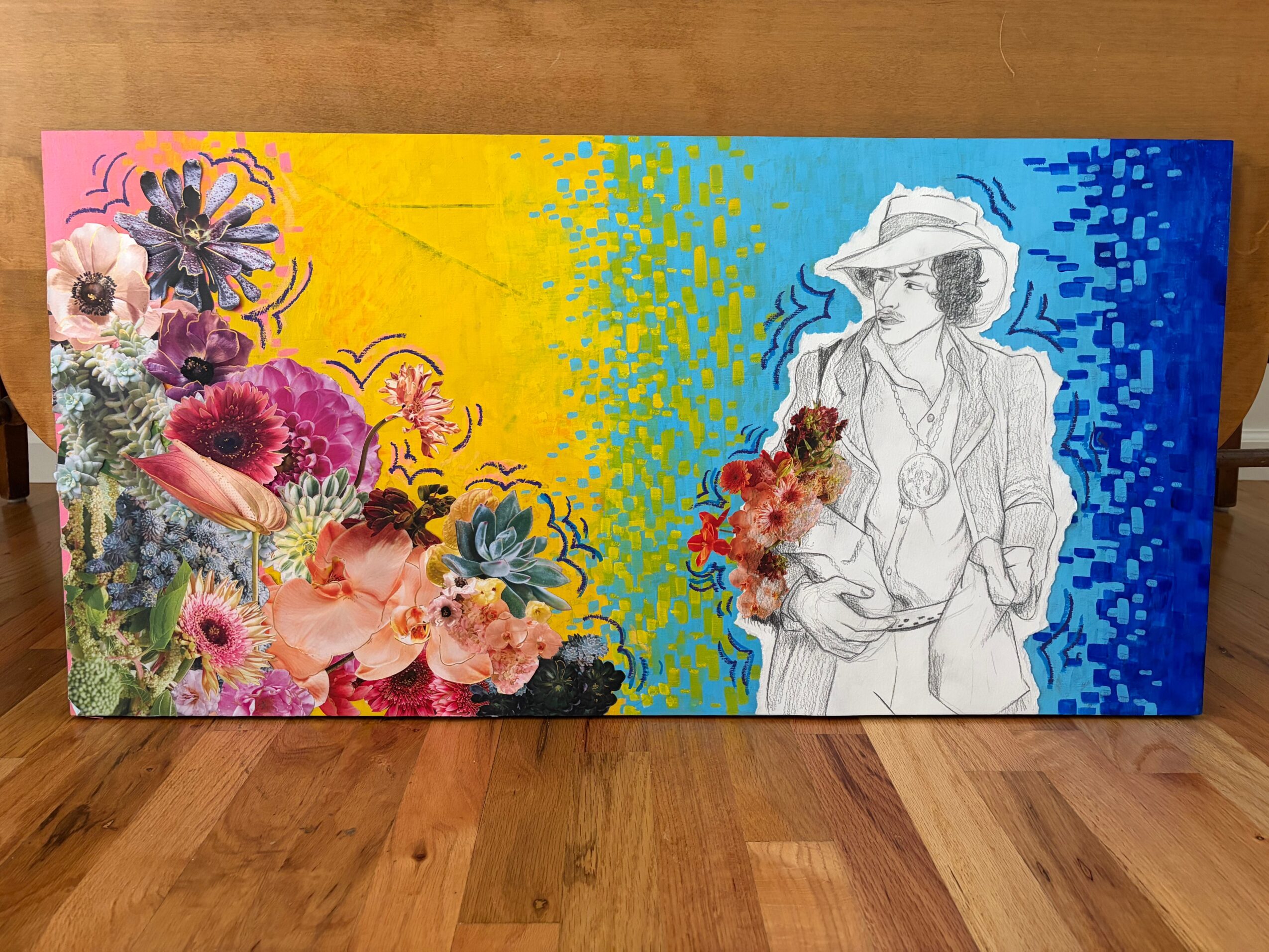 Colorful painting divided into pink, yellow, and blue sections, featuring flowers, a woman with a hat, and abstract patterns.