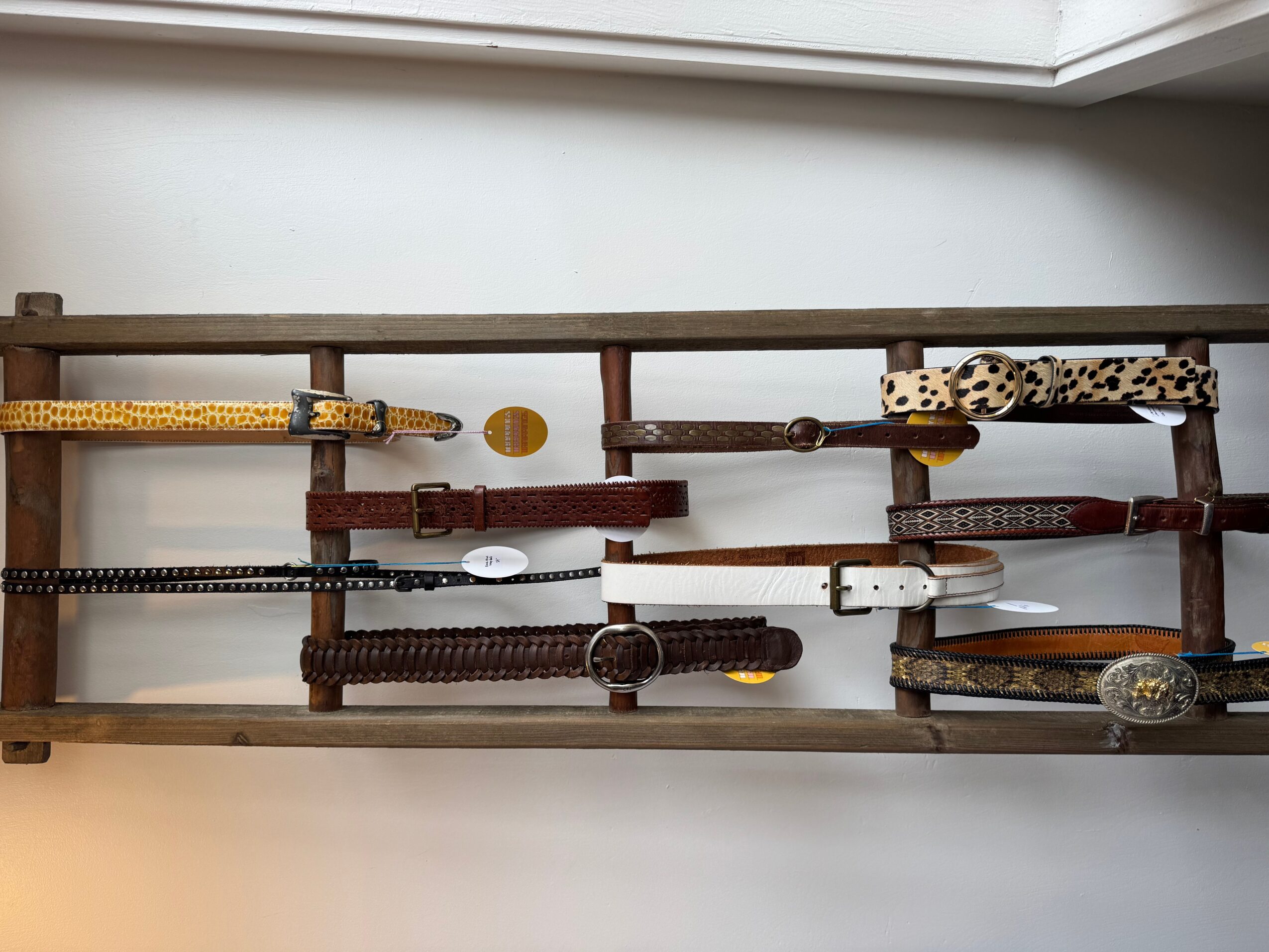 Collection of various belts hanging on a wooden rack, with different colors and textures.