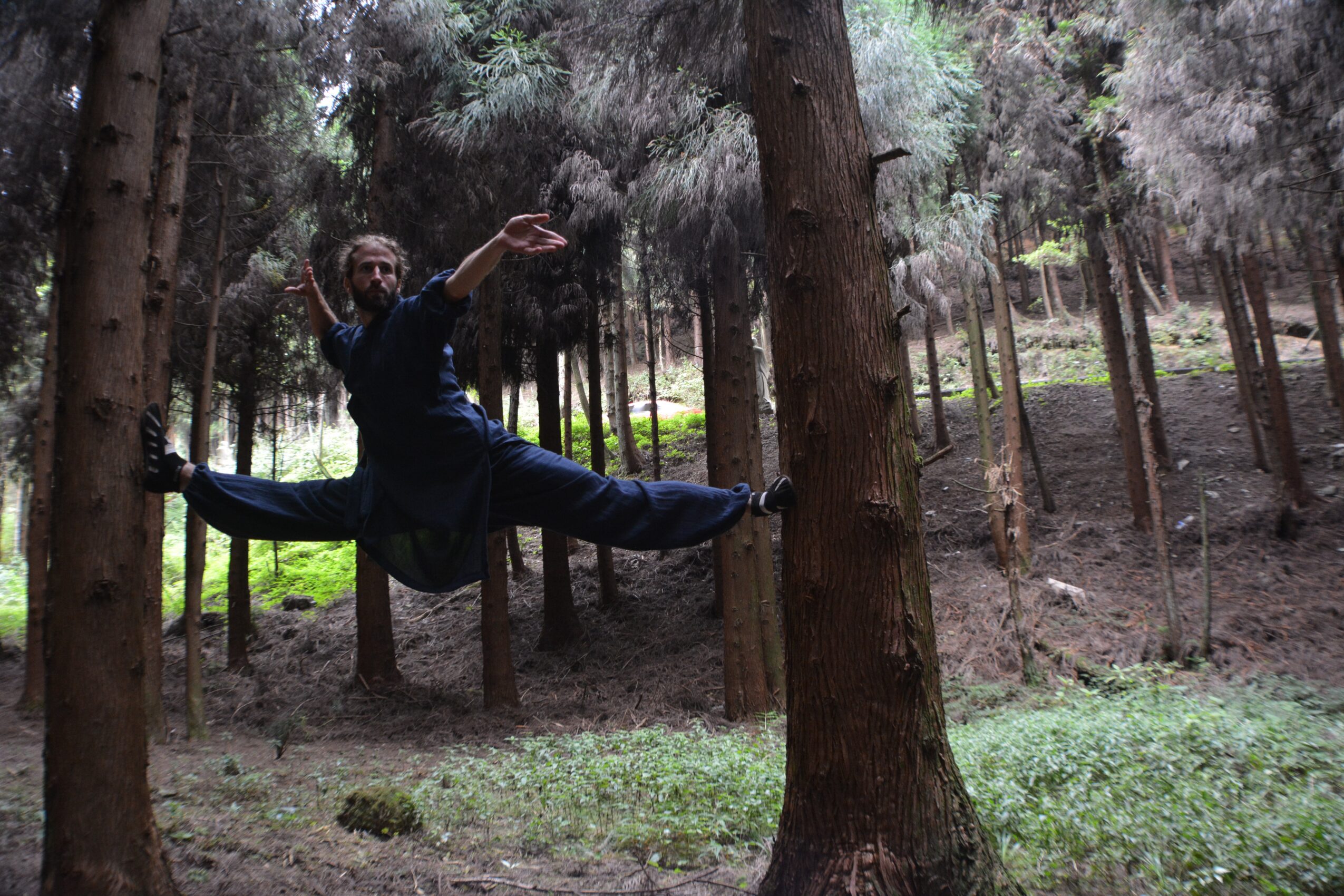 Person performing a split leap between trees in a forest, with arms raised and one leg extended forward.