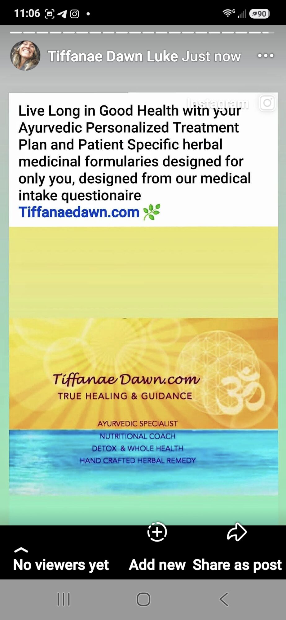Promotional graphic for Tiffanae Dawn's herbal treatment, featuring text about health and guidance, with a colorful background.