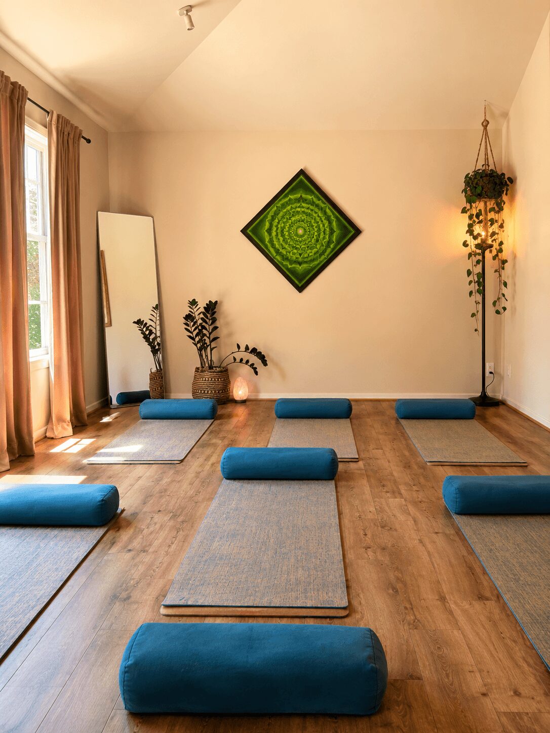 Yoga mats and bolsters arranged on a wooden floor in a bright room with a mirror, plants, and wall art.