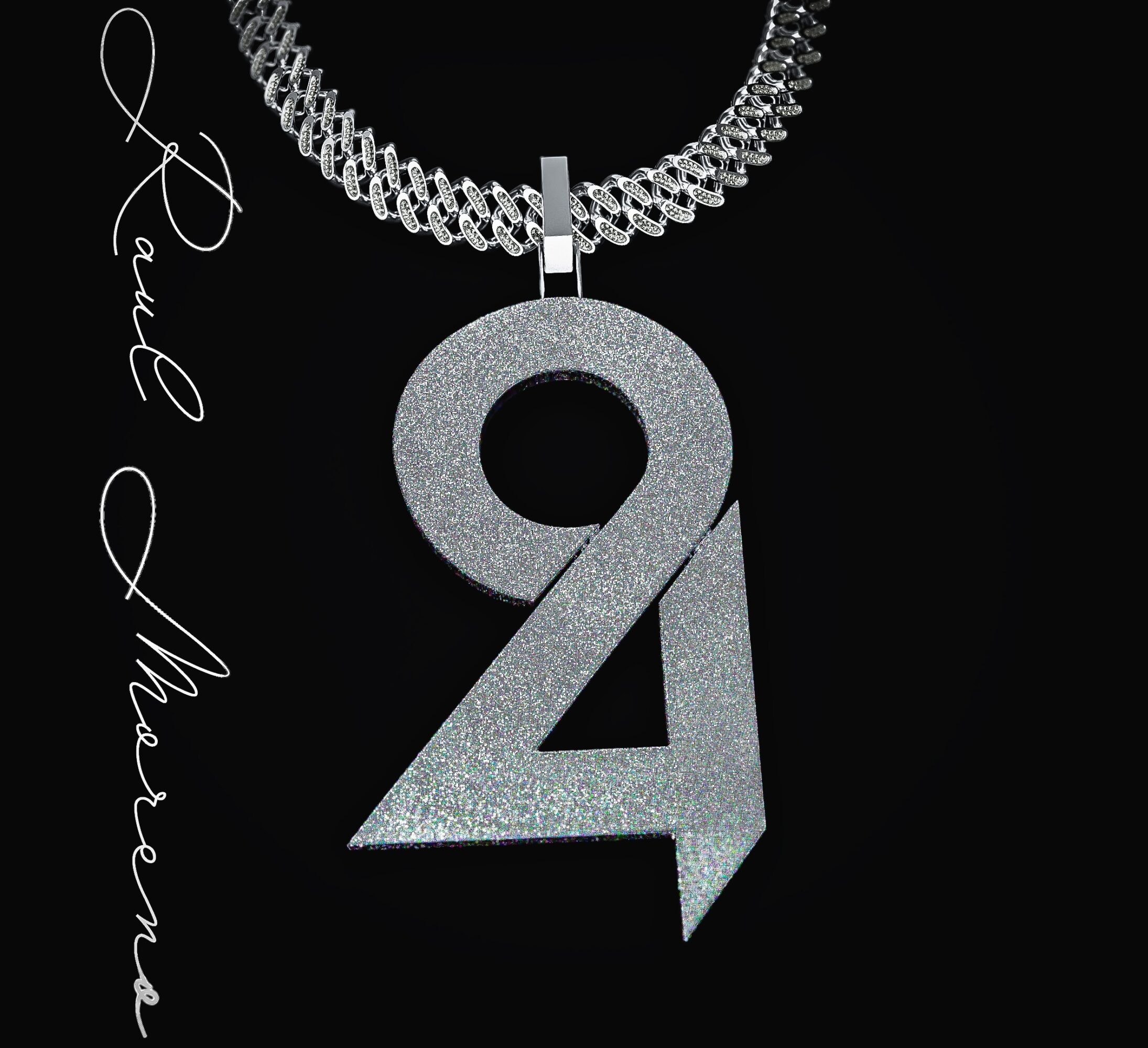 Silver necklace with a pendant shaped like the number 24, glittery surface, against a black background.