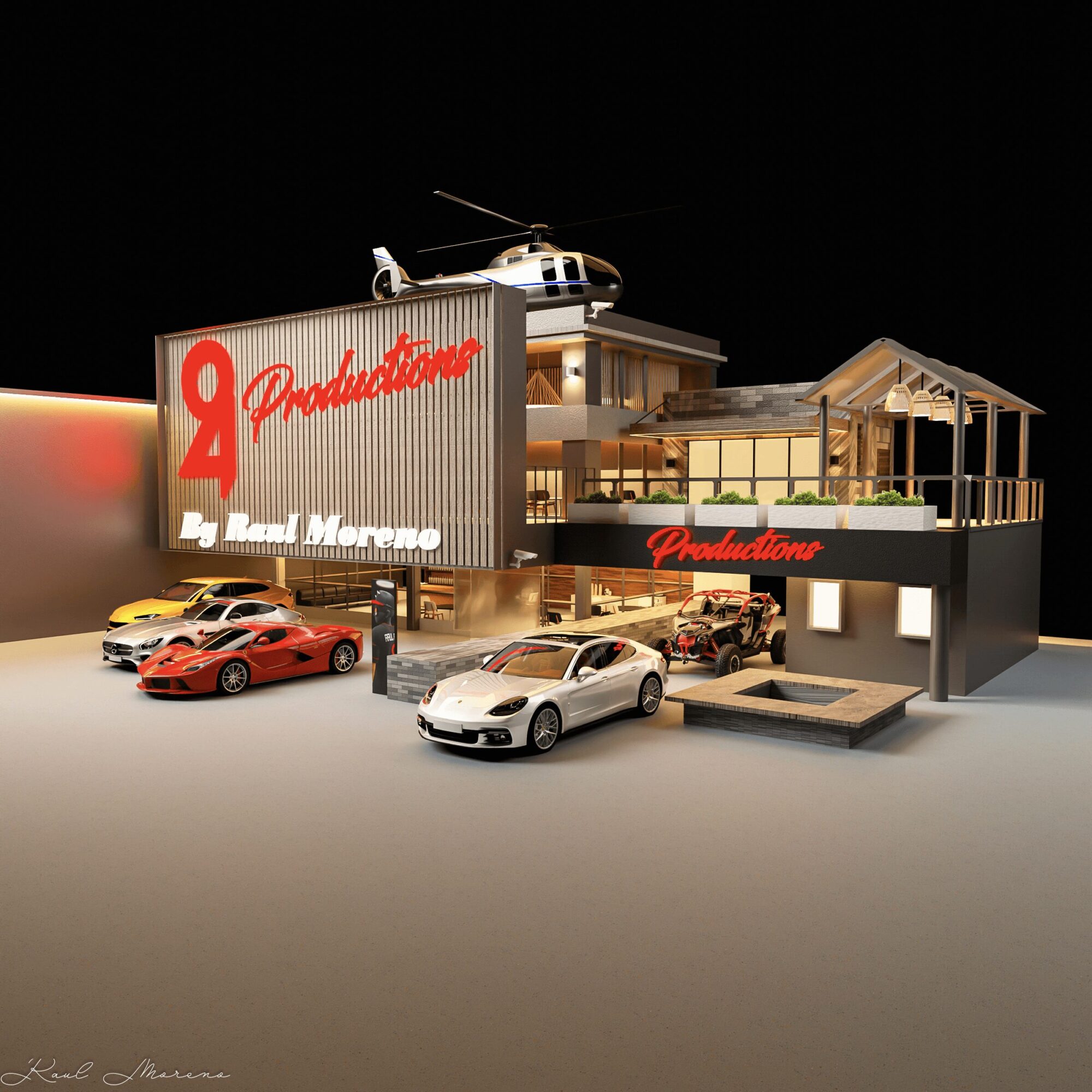 Model of a building with cars parked outside, a helicopter on the roof, and signs with Russian text, against a black background.