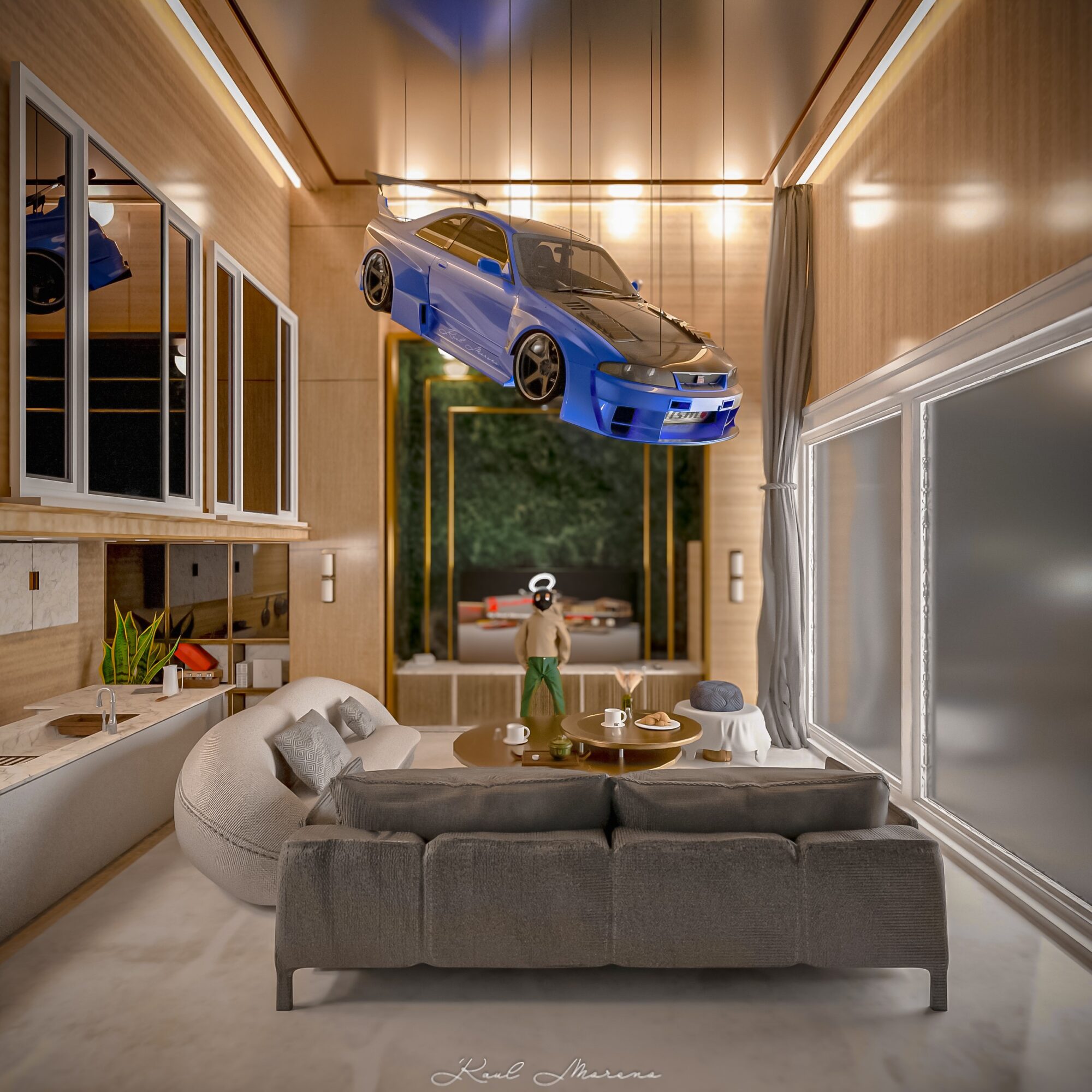 Living room with a gray sofa, large window, and a person taking a photo in the background. A blue car is hanging from the ceiling.