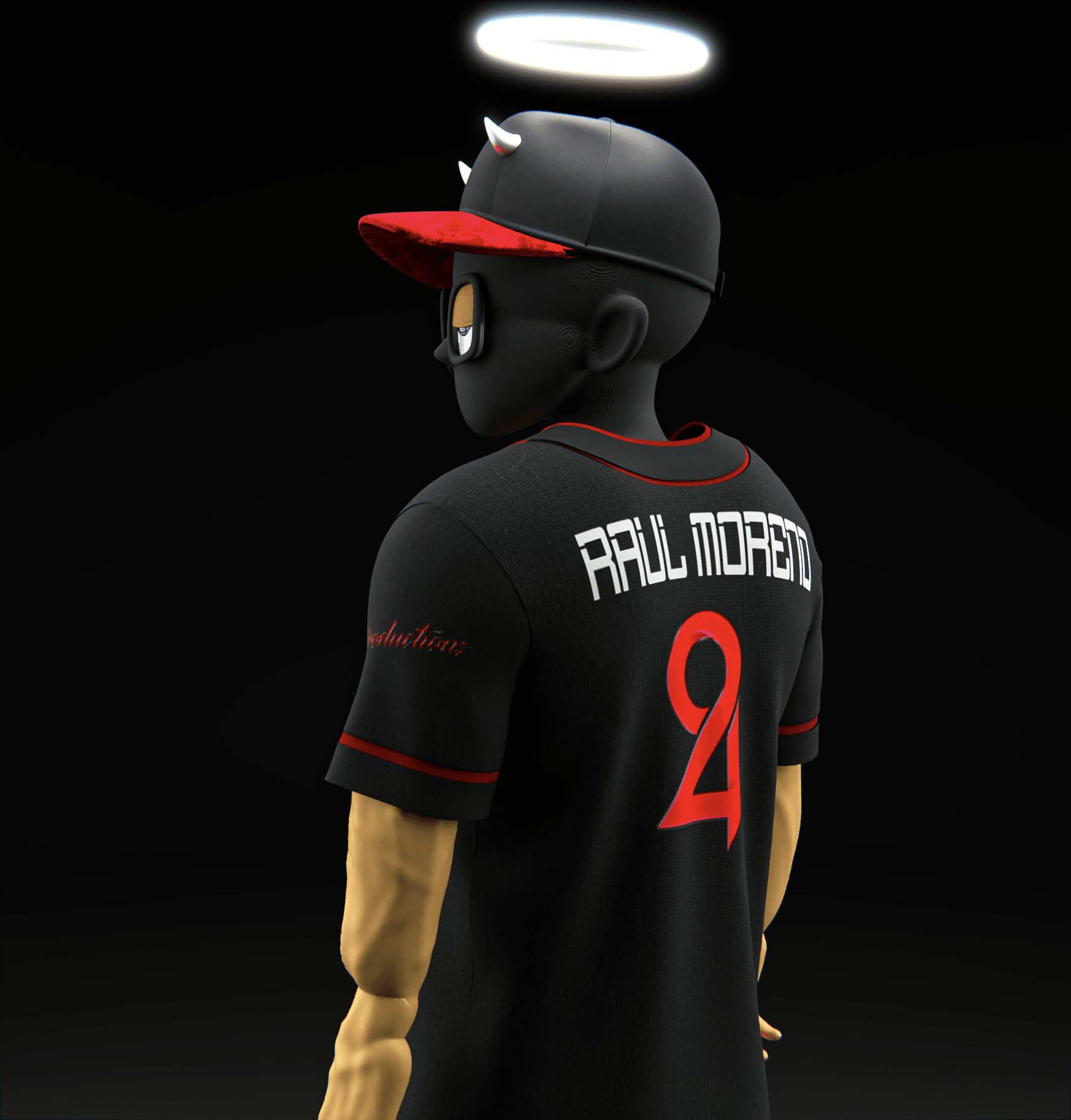 Side view of a cartoon character wearing a black baseball jersey with red accents, a cap, and glasses, with a halo above the head.