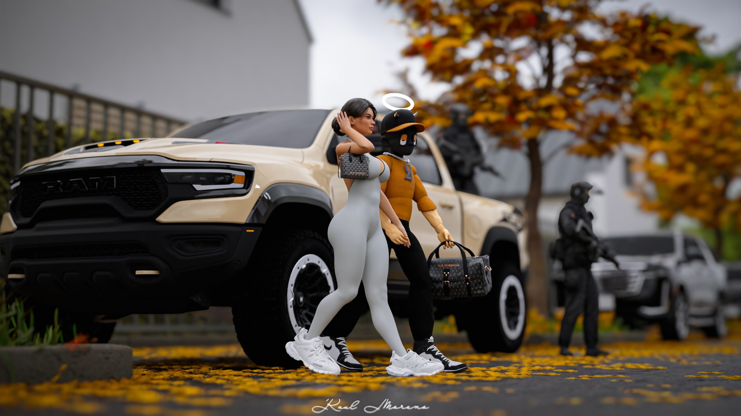 Two women hugging near a beige SUV with autumn trees in the background.