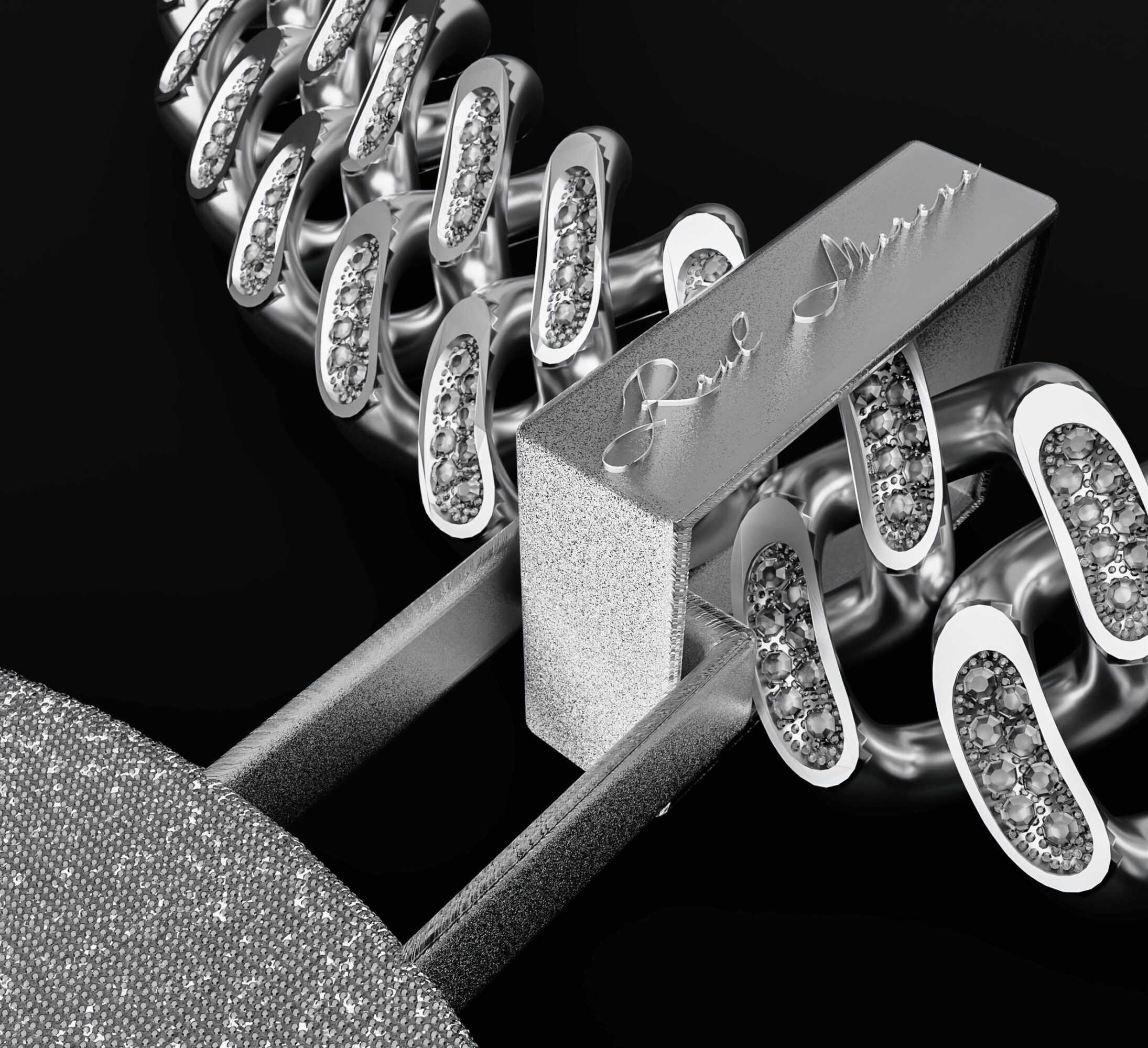 Close-up of a silver chain with oval links encrusted with small diamonds, and a rectangular clasp engraved with text, against a black background.