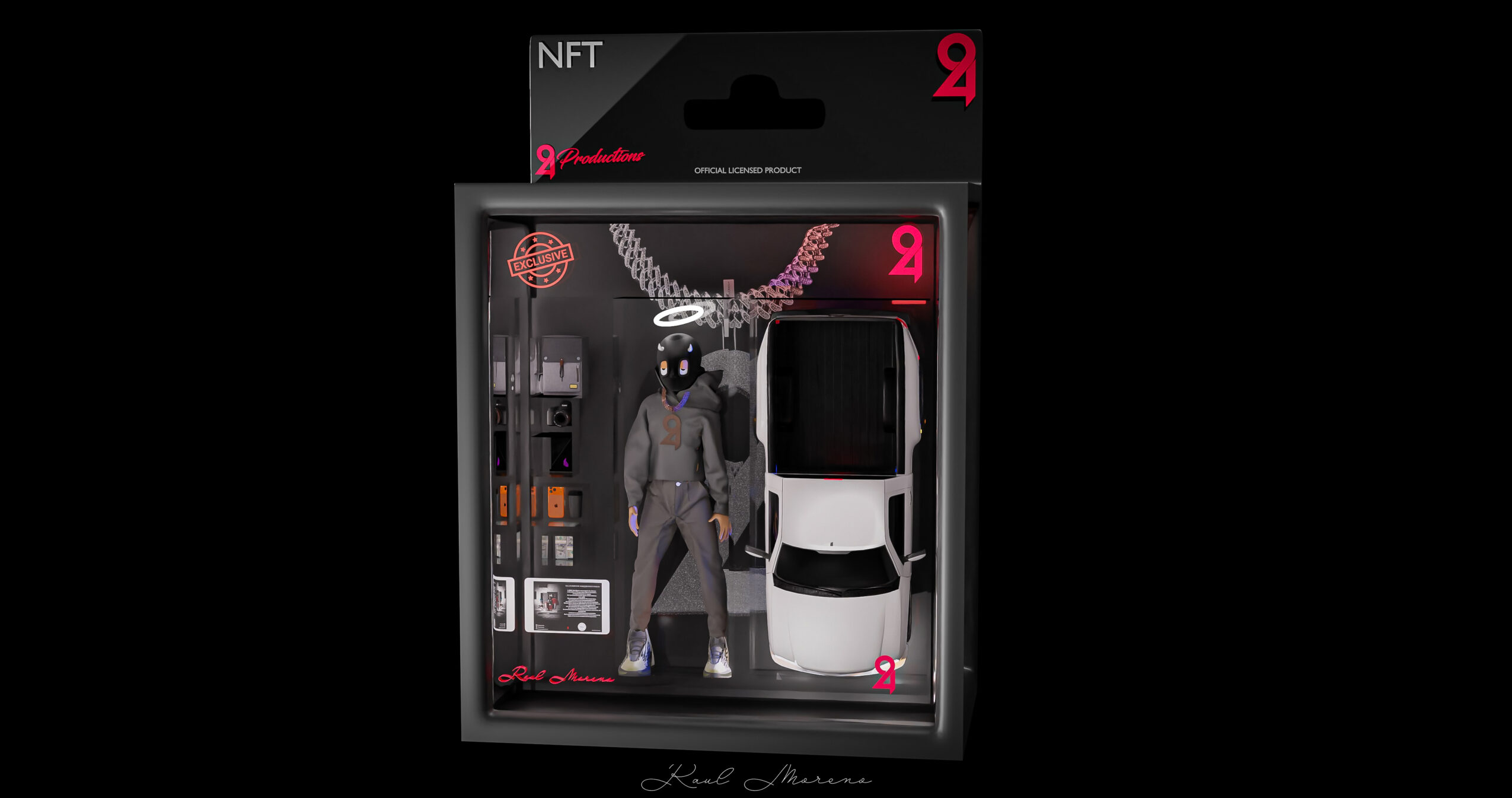 Display case with a figure, a white car, and jewelry, set against a black background with pink accents.