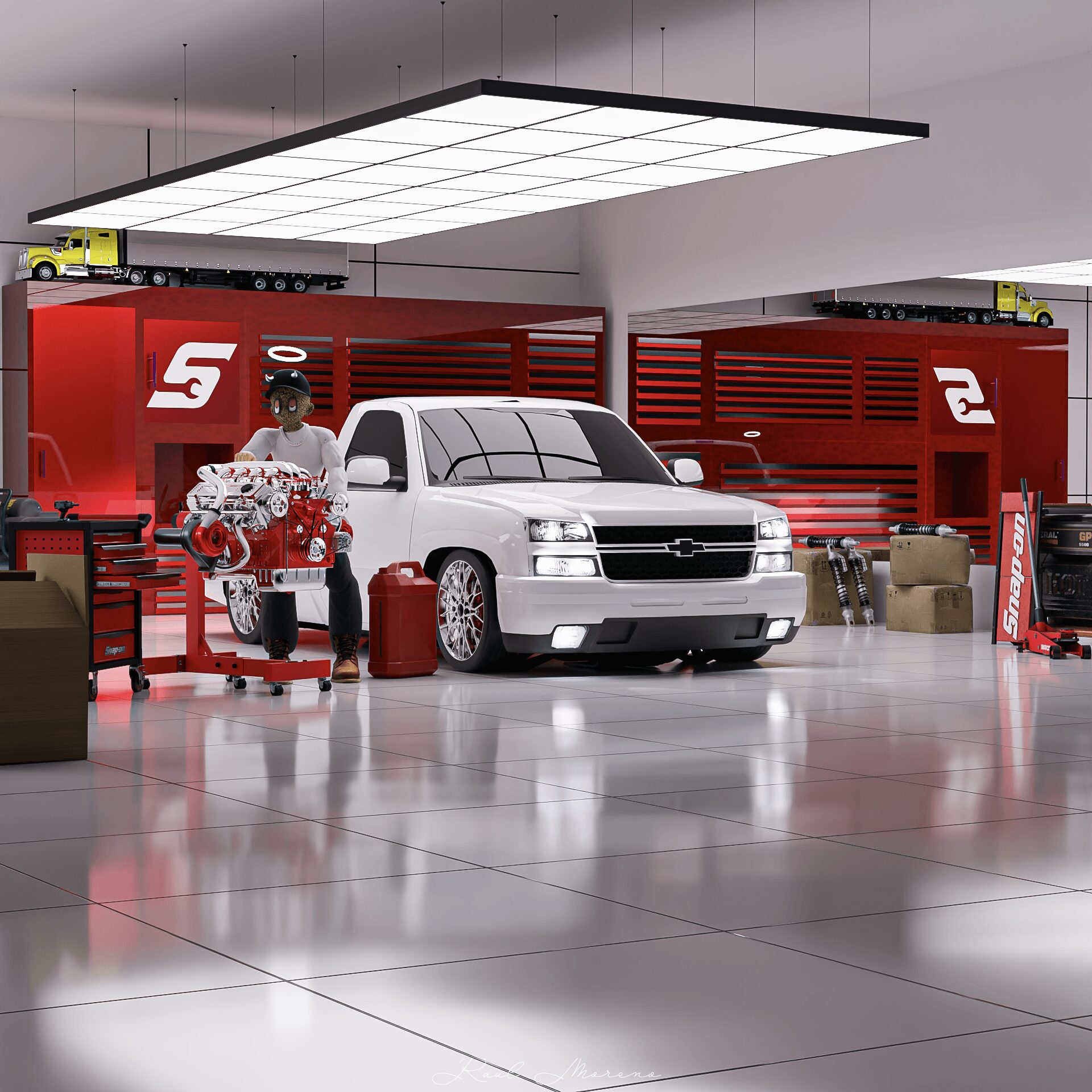 White car inside a garage with red tool cabinets, a person with a helmet, and various tools and equipment.