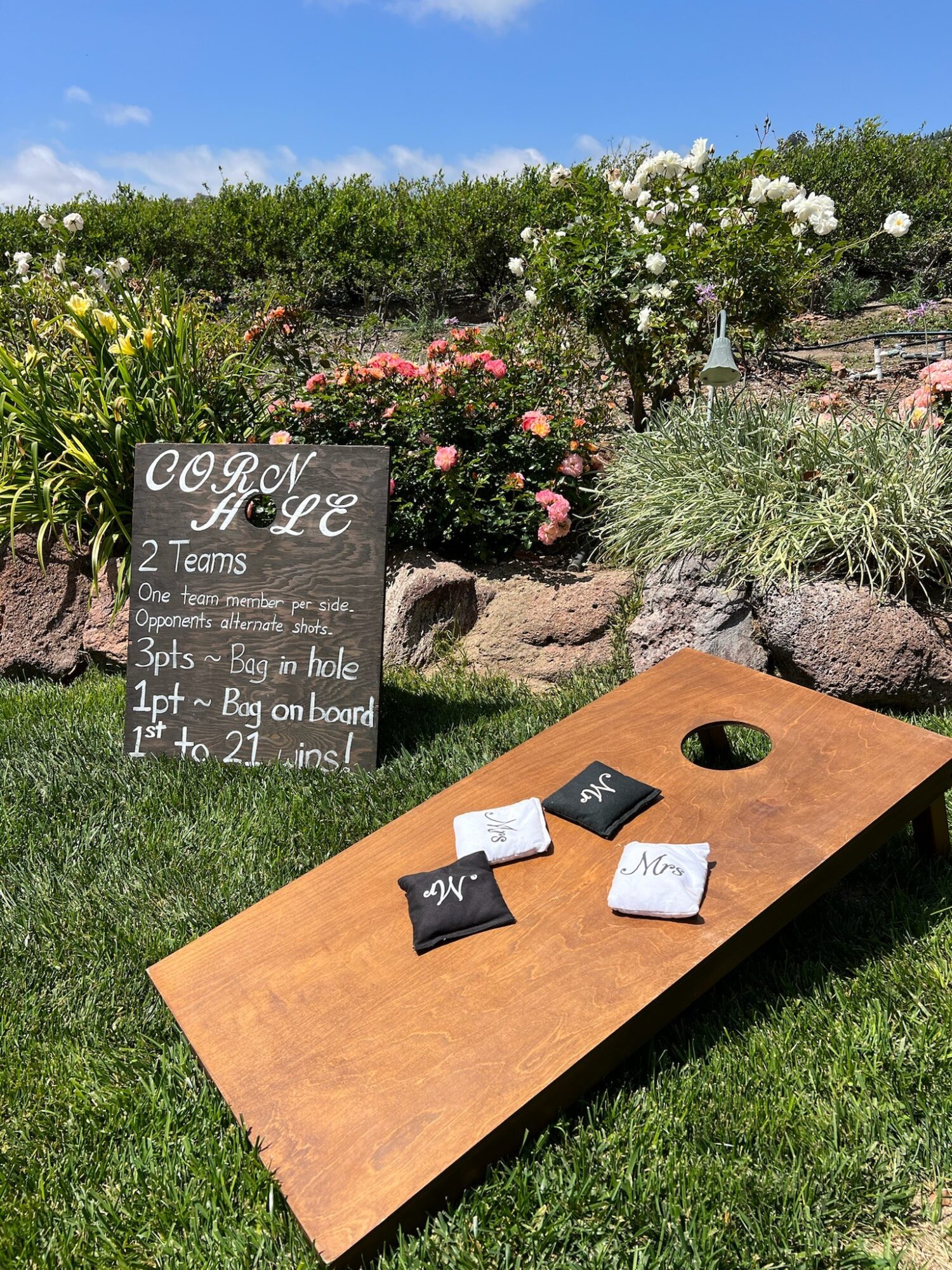 Outdoor scene with a blackboard, flowers, and a cornhole game on grass, under a blue sky.