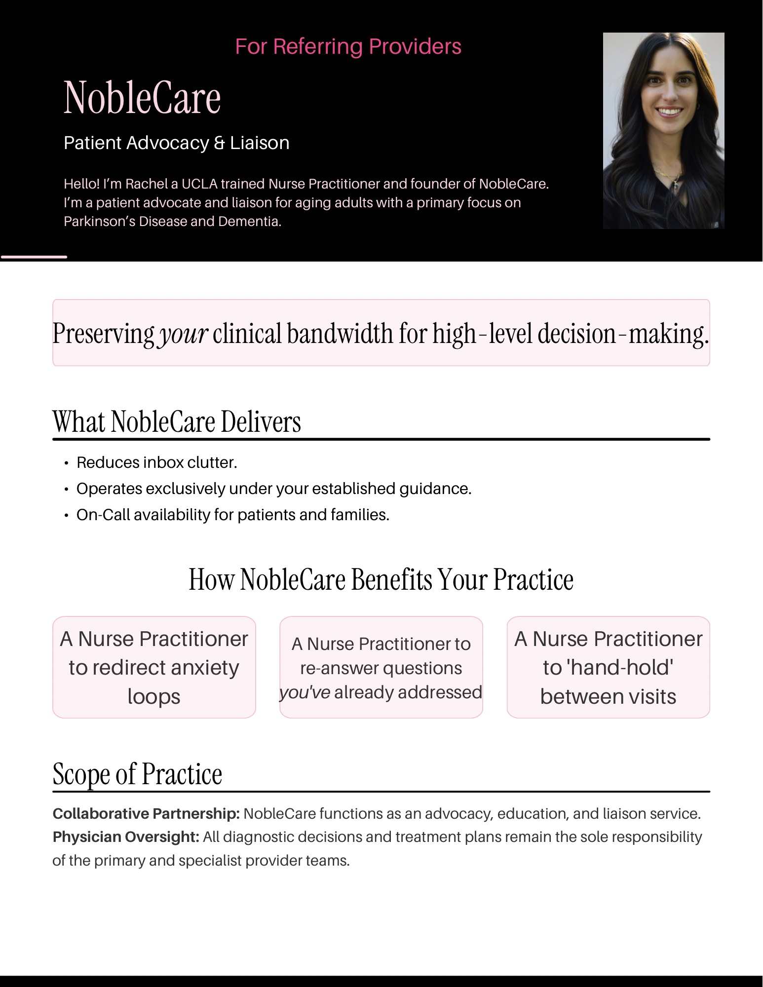 NobleCare flyer with a woman smiling, text about patient advocacy, clinical bandwidth, and nurse practitioner roles, and a pink and black color scheme.
