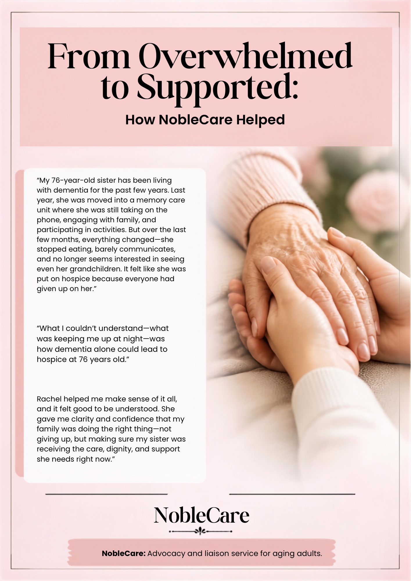 Close-up of two hands holding each other, with text about NobleCare's support for aging adults, and a quote about caregiving.