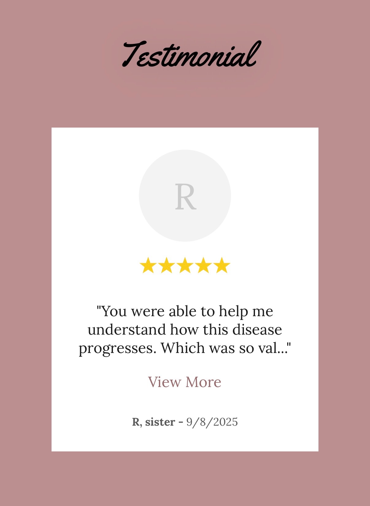 Testimonial card with five stars, quote, and date, on a pink background.