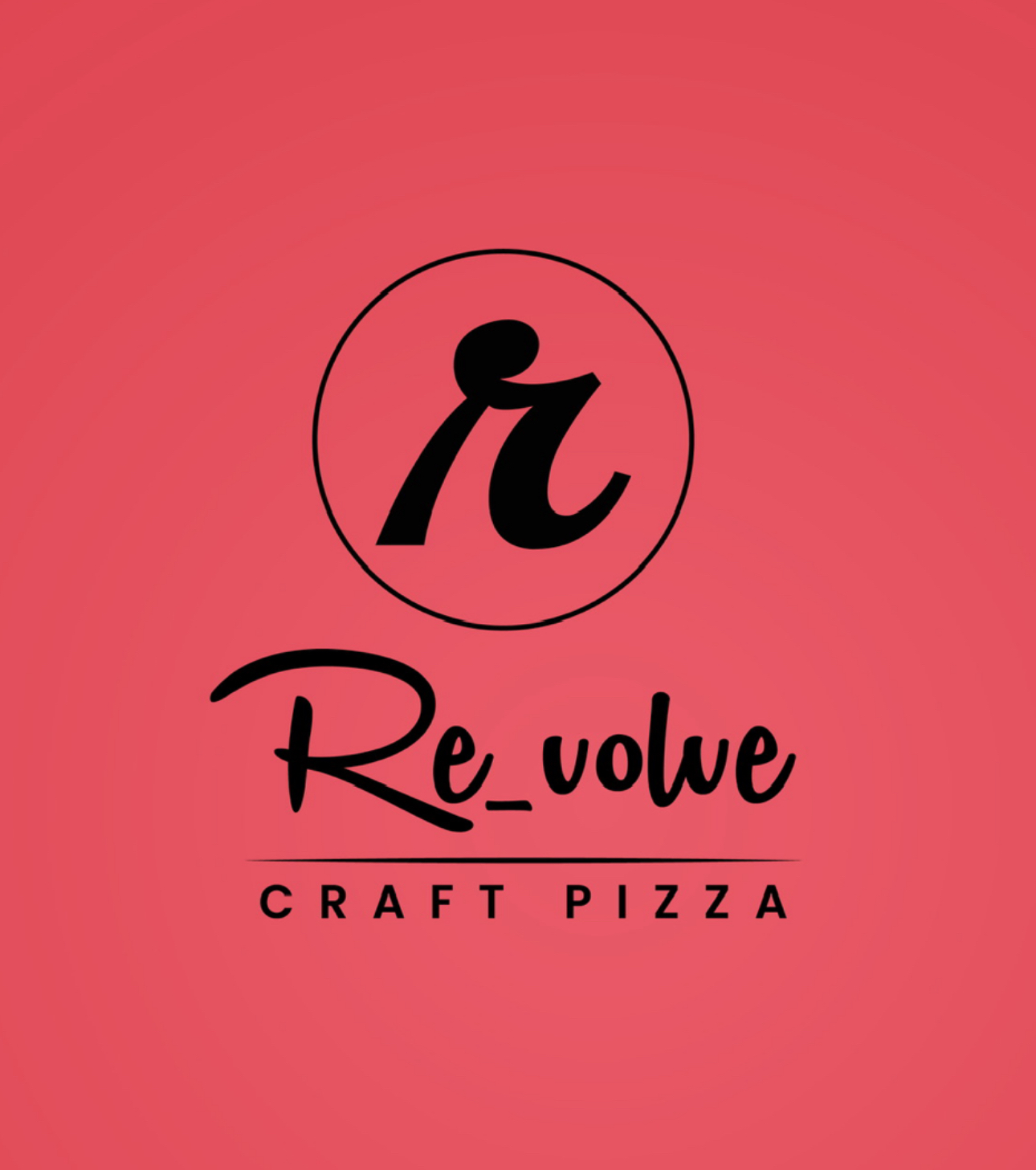 Logo with a stylized lowercase 'r' inside a circle, 'Revolve' written below, and 'Craft Pizza' underneath, on a pink background.