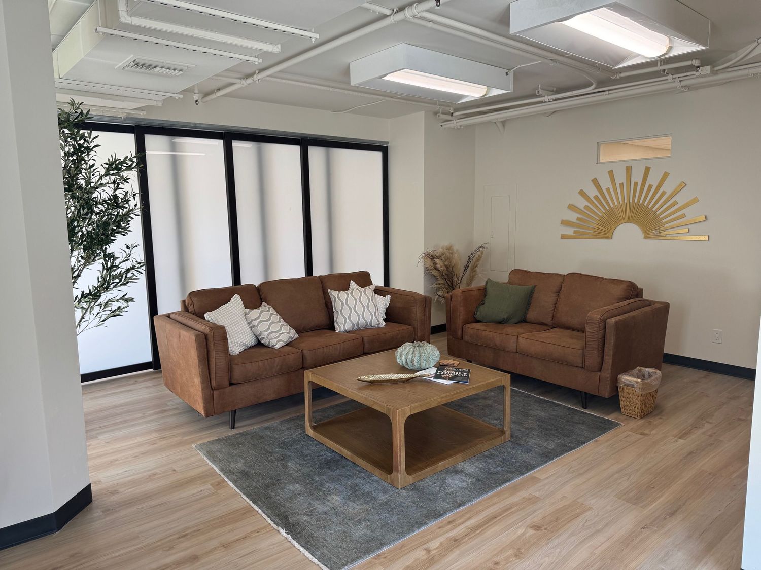 Living room with two brown sofas, a wooden coffee table, and a large window with frosted glass panels.