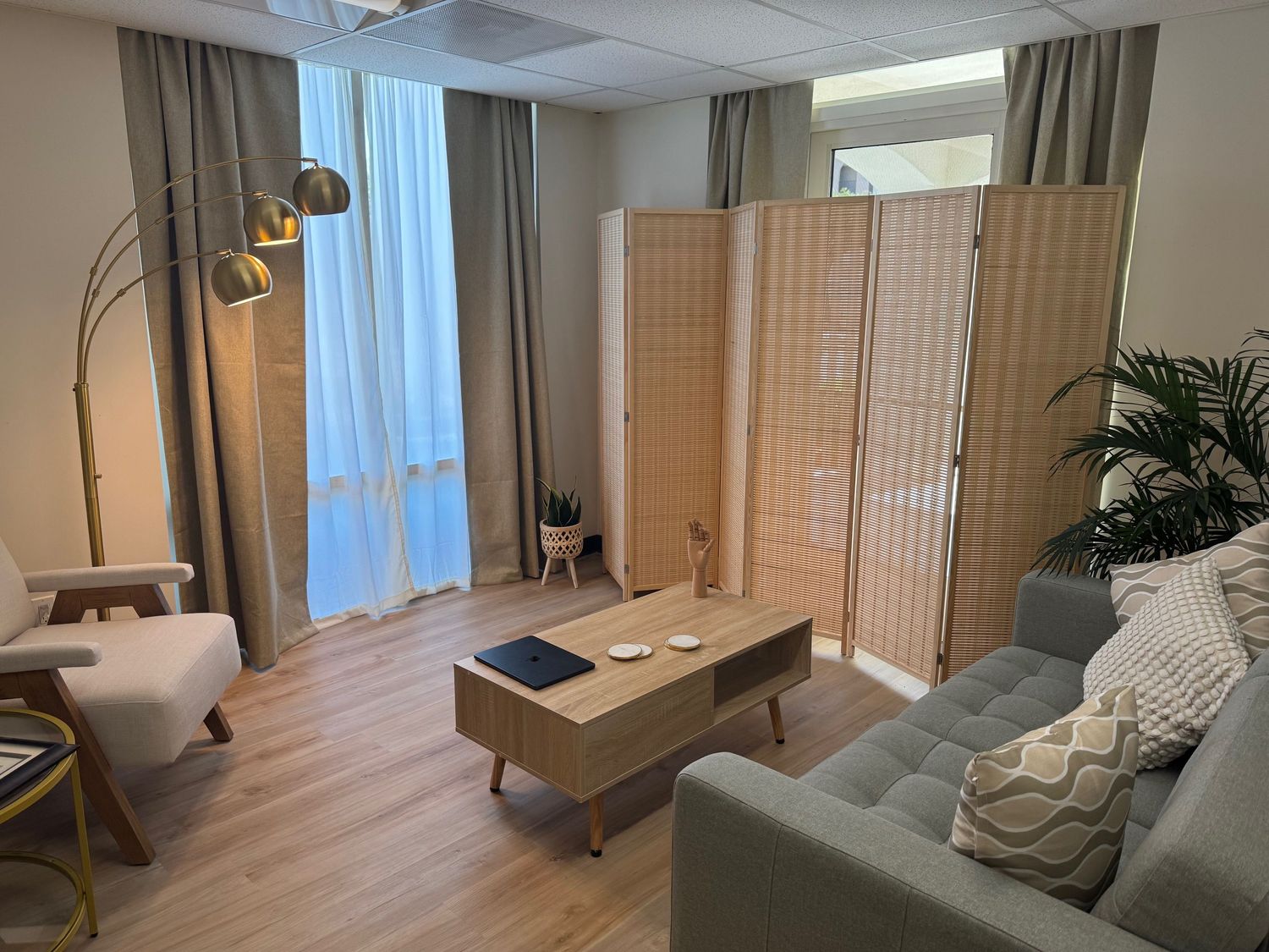 Living room with a gray sofa, wooden coffee table, armchair, tall window with curtains, and a folding room divider, with a plant in the corner.
