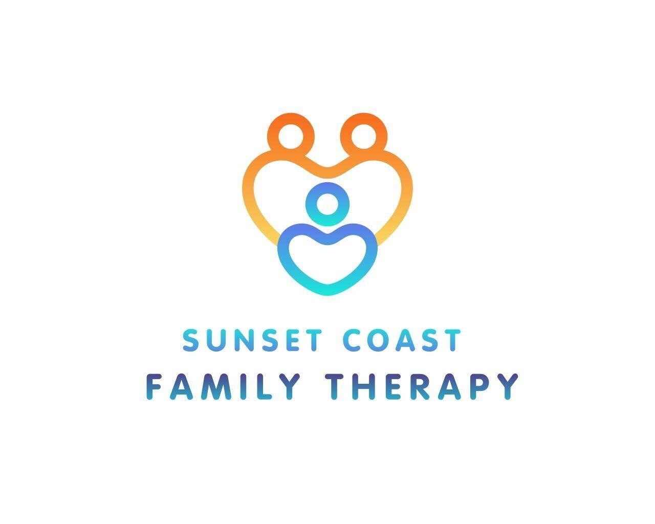Logo with stylized family figures in orange, blue, and yellow, and text 'Sunset Coast Family Therapy'.