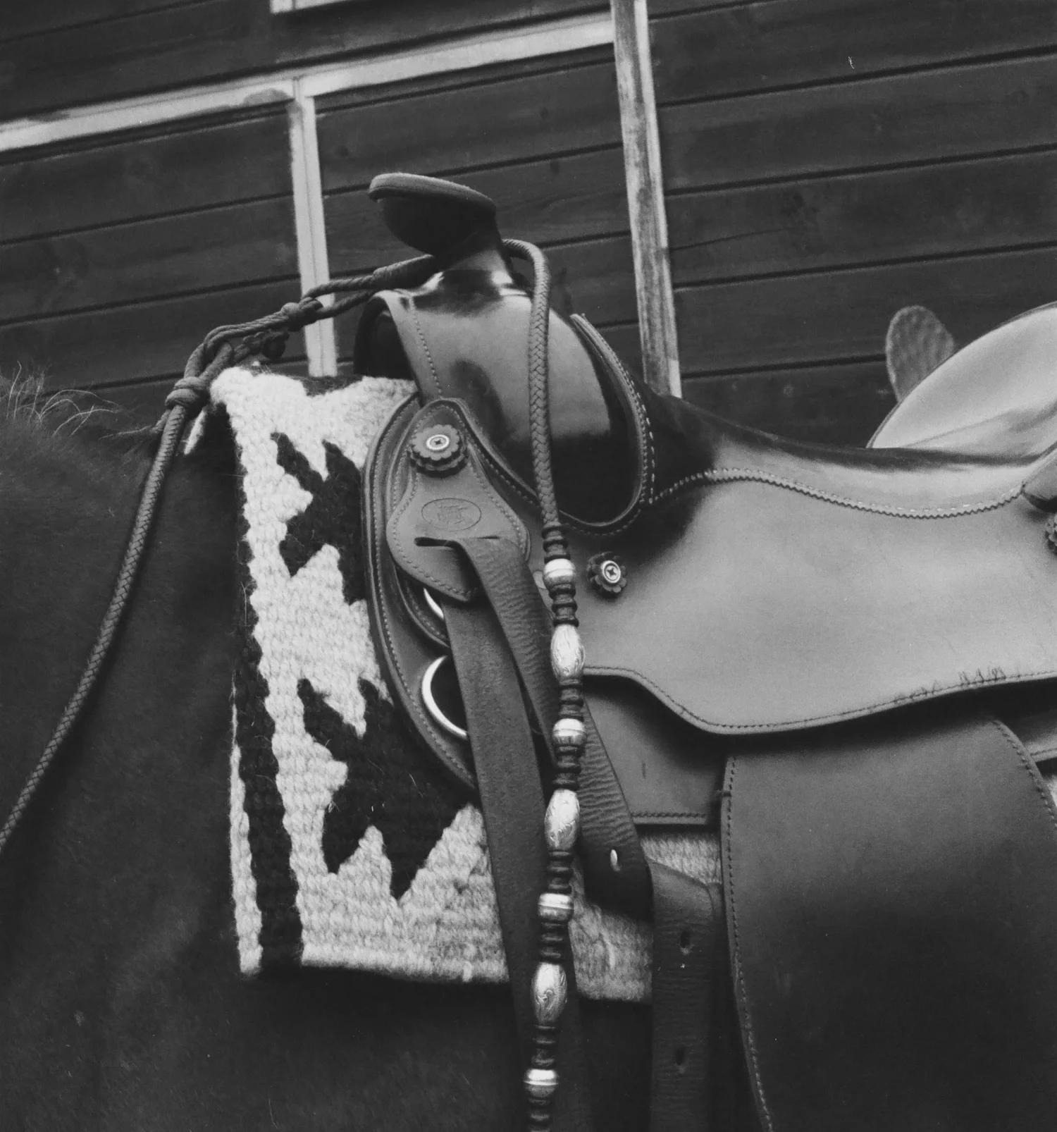 Close-up of a horse saddle with a decorative blanket, stirrups, and a beaded strap, against a wooden fence background.