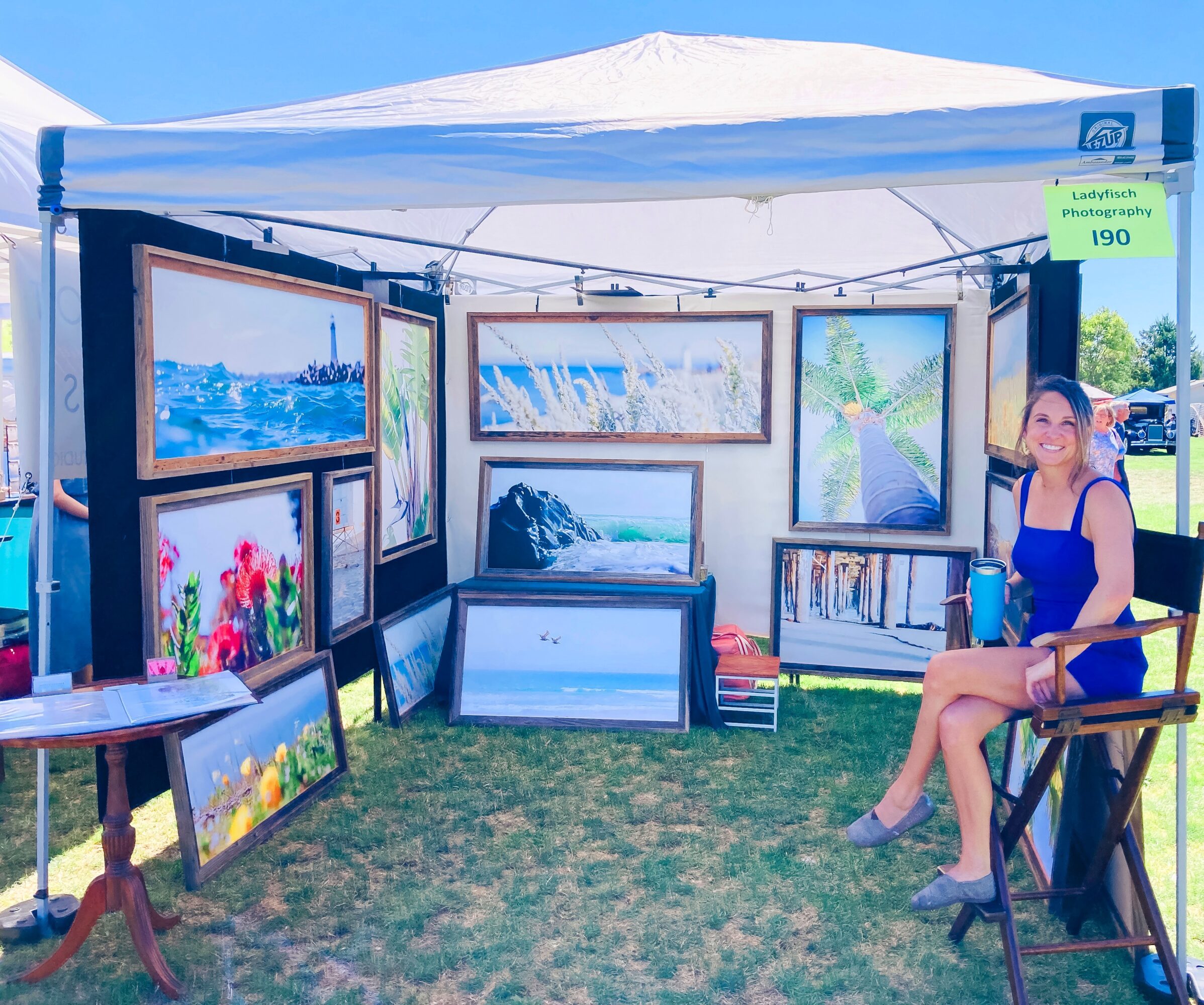 Art display booth with paintings on frames, a woman sitting on a chair, outdoor setting with grass and blue sky.