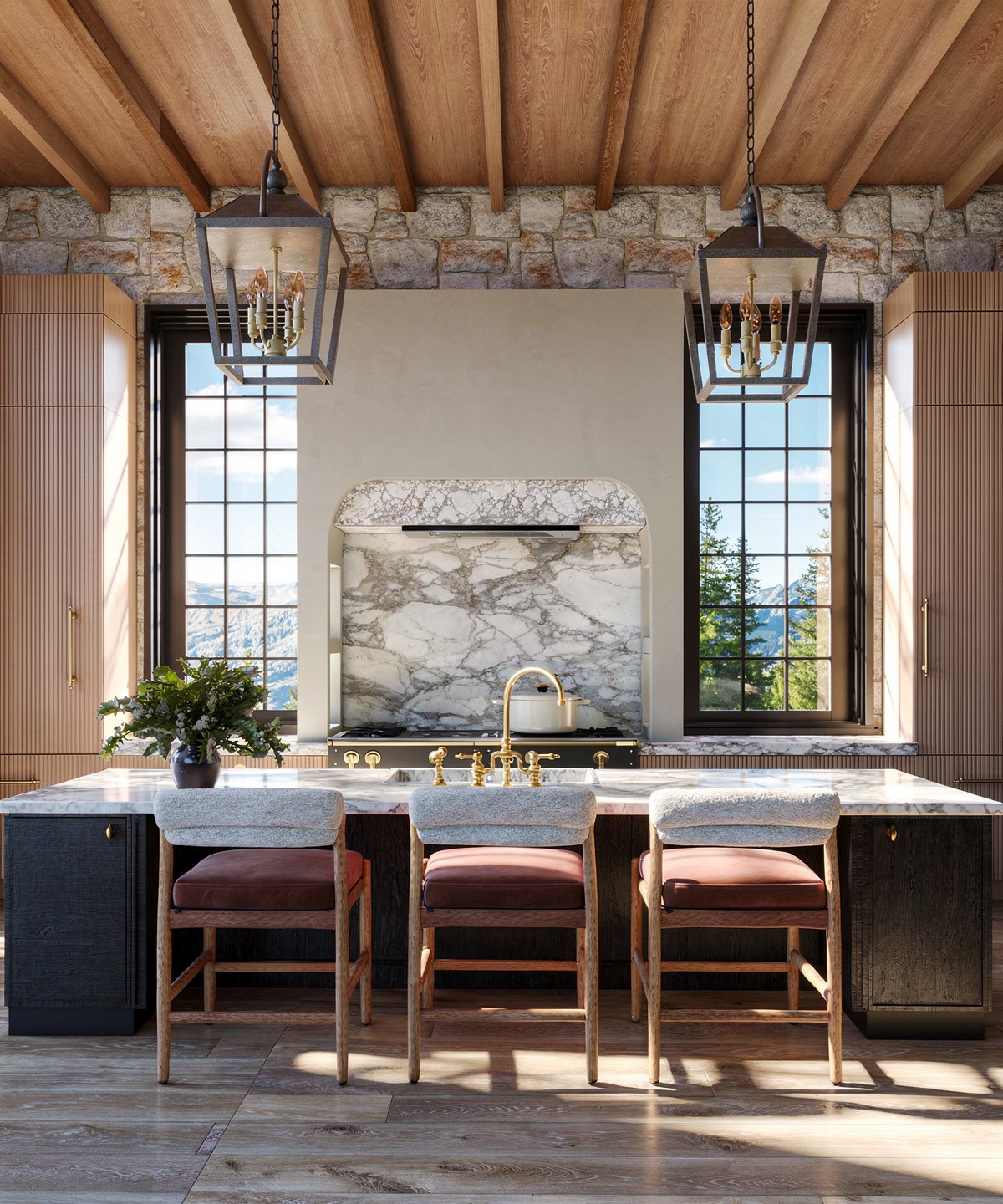 Kitchen with wooden ceiling, stone wall, two large windows, hanging lanterns, marble countertop, and four chairs, with a plant on the counter.
